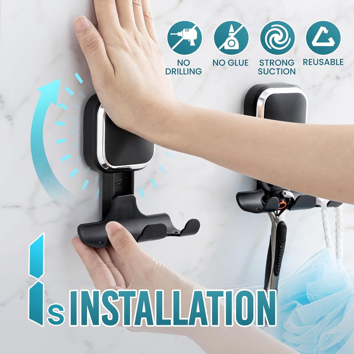 Suction Cup Razor Holder for Shower Wall 2 Pack, Versatile Suction Cup Hooks for Razor, Towel, Loofah, Squeegee, Cell Phone, Removable Damage-Free Hanging Shower Hook, Shaver Holder, Black