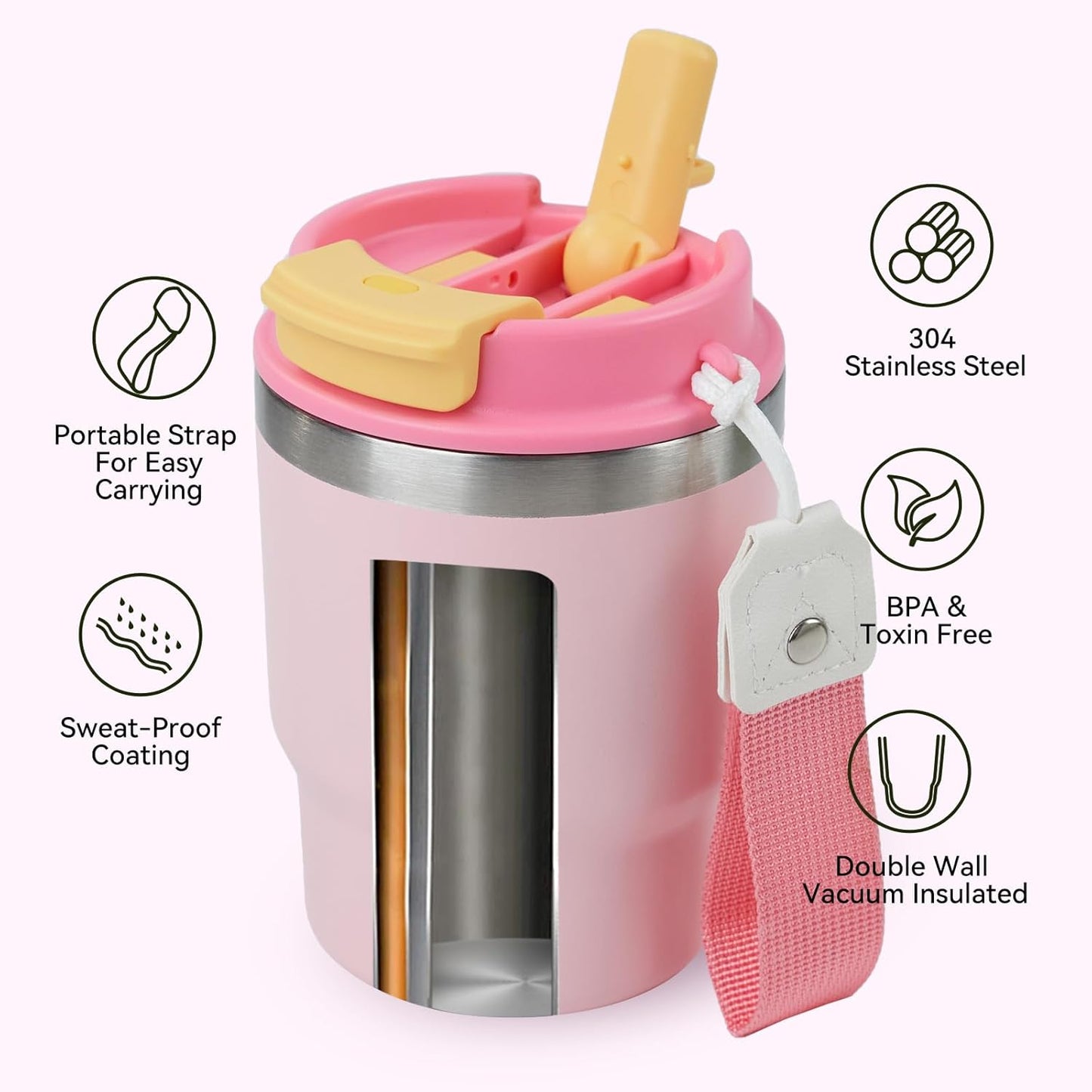 12Oz Coffee Tumbler, Stainless Steel Vacuum Travel Coffee Mug, Leak Proof Double Wall Coffee Mug with Lids for Home, Office, Outdoors, Pink