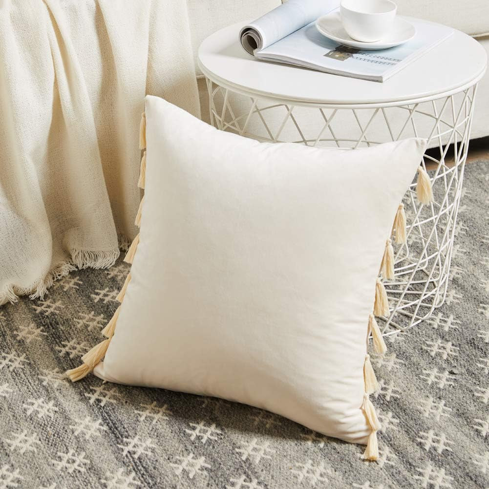 Pack of 2 Boho Decorative Throw Pillow Covers with Handmade Tassels, Soft Velvet Accent Solid Square Cushion Case Set for Couch Sofa Bedroom Car Living Room (16X16 Inch/40X40 Cm, Cream)
