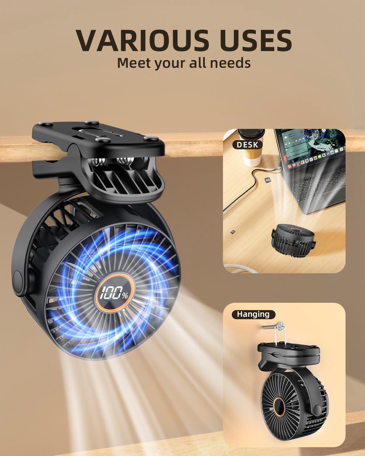 Mini Clip on Fan, Battery Operated Desk Fan, Digital Display,3 Speeds Adjustable, Bidirectional 360 ° Adjustable, Super Strong Wind, Portable Fan for Home Office Stroller Camping Black