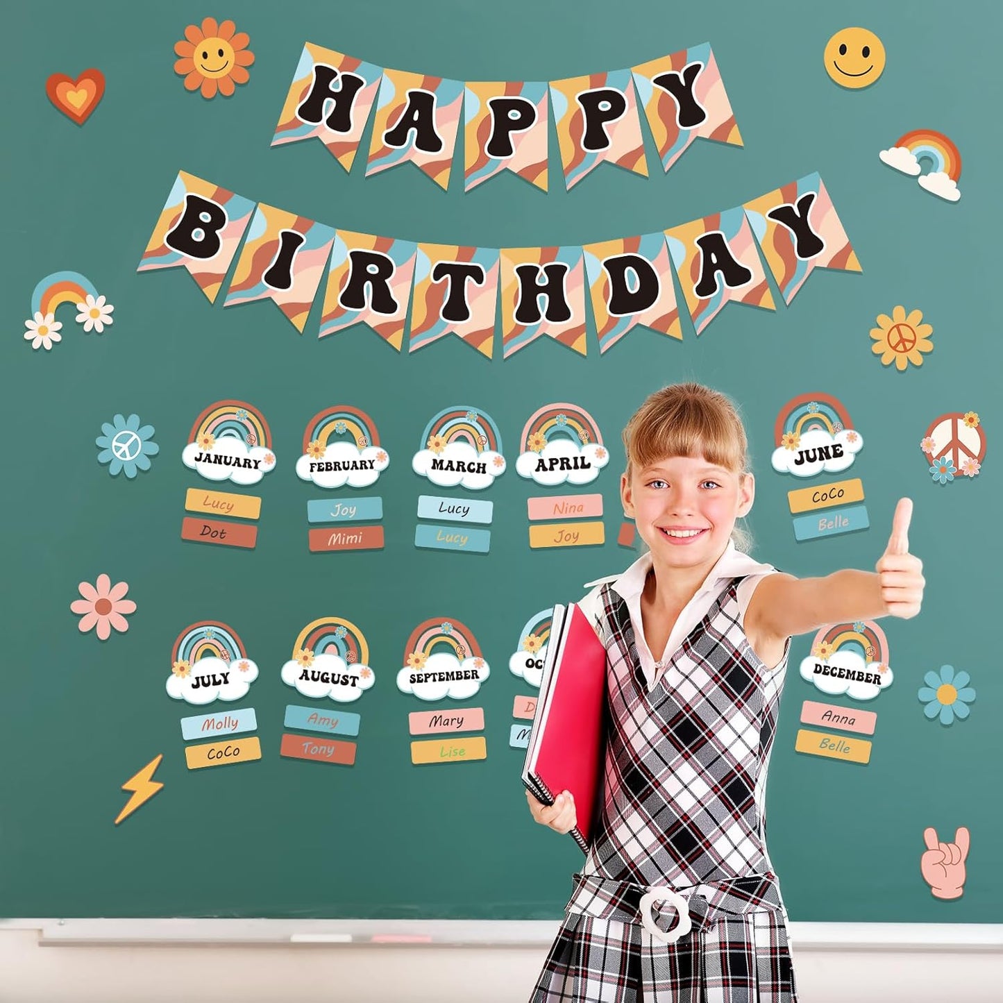 85Pcs Retro Classroom Happy Birthday Buletin Boards Set, Groovy Rainbow Theme Chart Calendar Posters with Glue Point for Kindergarten Prechool Wall Decorations