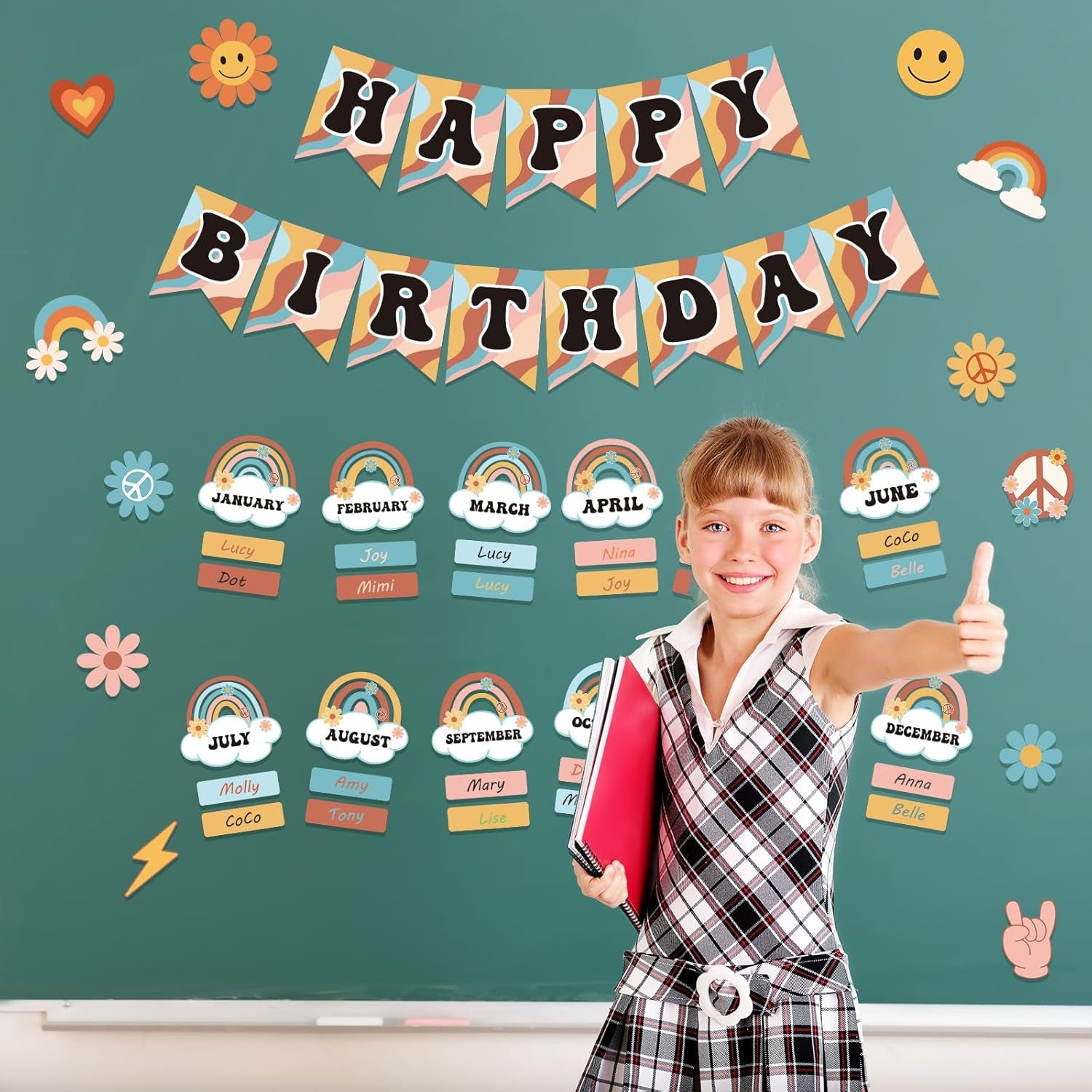 85Pcs Retro Classroom Happy Birthday Buletin Boards Set, Groovy Rainbow Theme Chart Calendar Posters with Glue Point for Kindergarten Prechool Wall Decorations