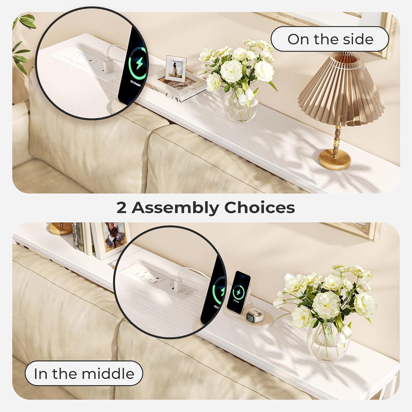 70-Inch Console Table with Outlets and USB-C Port, Extra Long X-Shaped Design for Entryway or Living Room, Narrow Metal Frame with Wooden Top in White