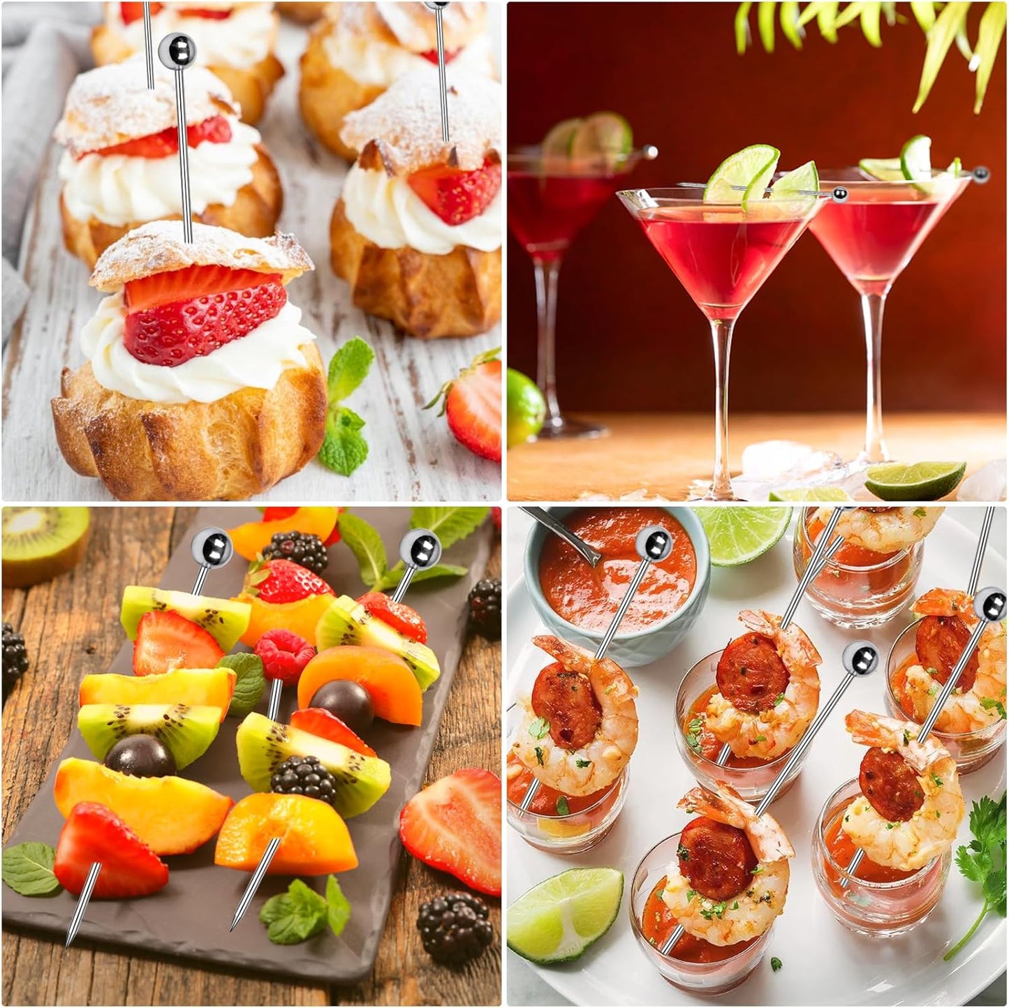 30 Pcs Cocktail Picks, Appetizer Skewers Stainless Steel, Cocktail Skewers Cleanable and Reusable, Toothpicks for Food and Drinks, Bar Party, Barbeque Snacks, Sandwiches, and Fruit (4.2Inch)