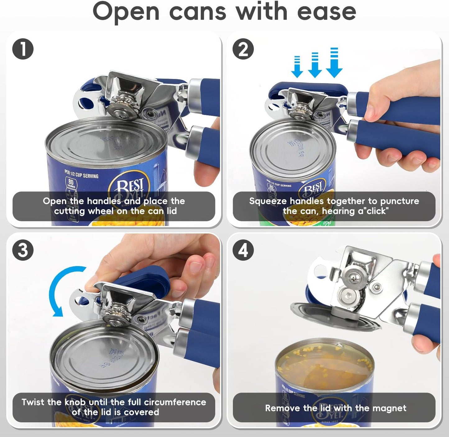 Can Opener Manual,  Hand Held Manual Can Openers Heavy Duty with Smoother Cut Sharp Blade, Manual Hand Can Open with Soft Handle, Easy to Turn Knob, Magnetic Lid Lifter, Blue