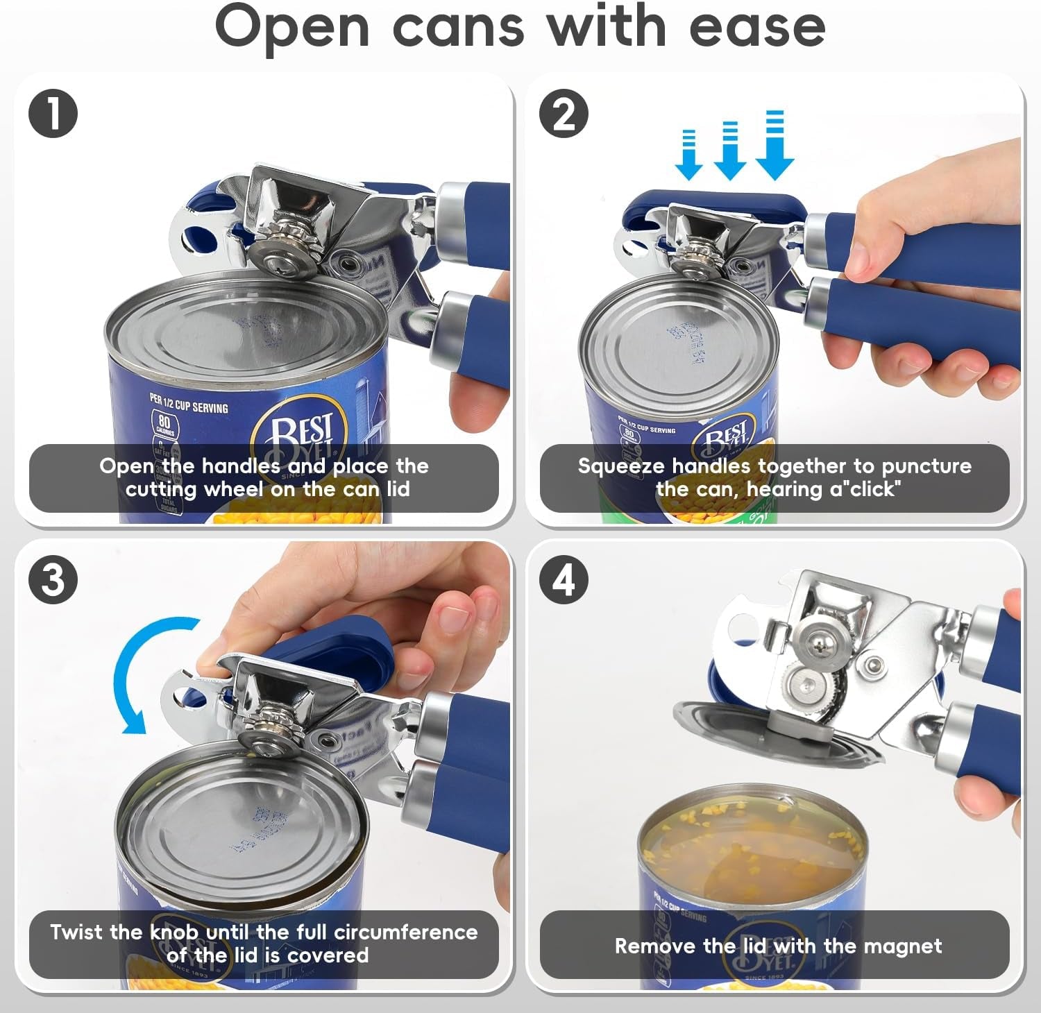 Can Opener Manual,  Hand Held Manual Can Openers Heavy Duty with Smoother Cut Sharp Blade, Manual Hand Can Open with Soft Handle, Easy to Turn Knob, Magnetic Lid Lifter, Blue