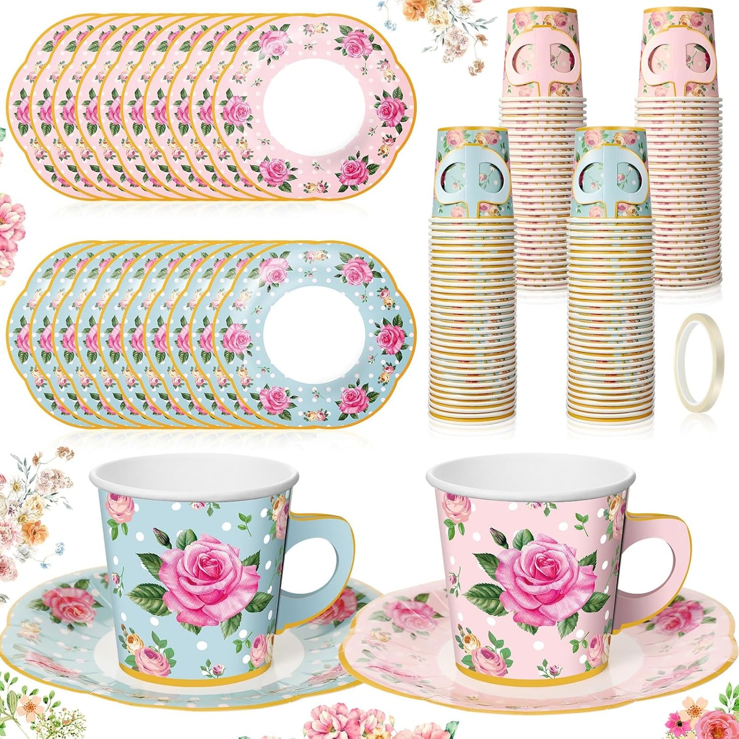60 Sets of Floral Disposable Tea Party Decorations - Paper Tea Cups with Handles and Plates for Hot and Cold Beverages, Ideal for Birthdays (Pink and Blue, 6.5 Oz)