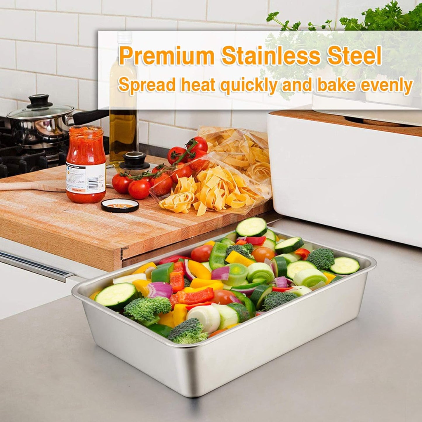 Lasagna Pan Set, Stainless Steel Rectangular Baking Pan for Brownie/Cake/Meat, Non-Toxic & Heavy Duty, Deep Side & Rolled Rim, Brushed Surface & Dishwasher Safe, 10.7" X 3.2" + 12.7" X 3.2"