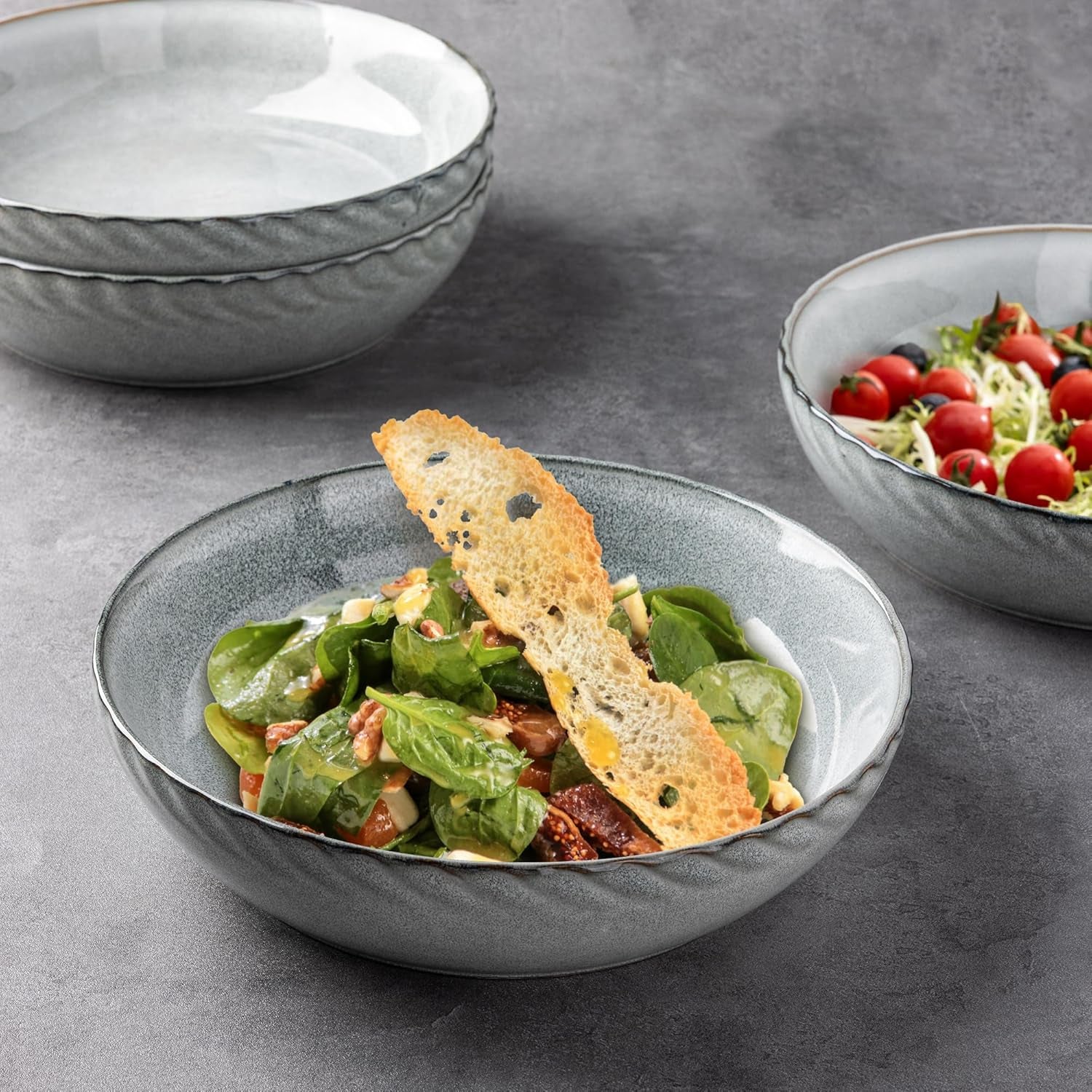 Large 8.5-Inch Stoneware Pasta Bowls, 38 Ounce Ceramic Salad Bowls with Textured Design for Serving Pasta, Fruits, Stews, and Noodles, Set of 4 - Ideal Housewarming Gift
