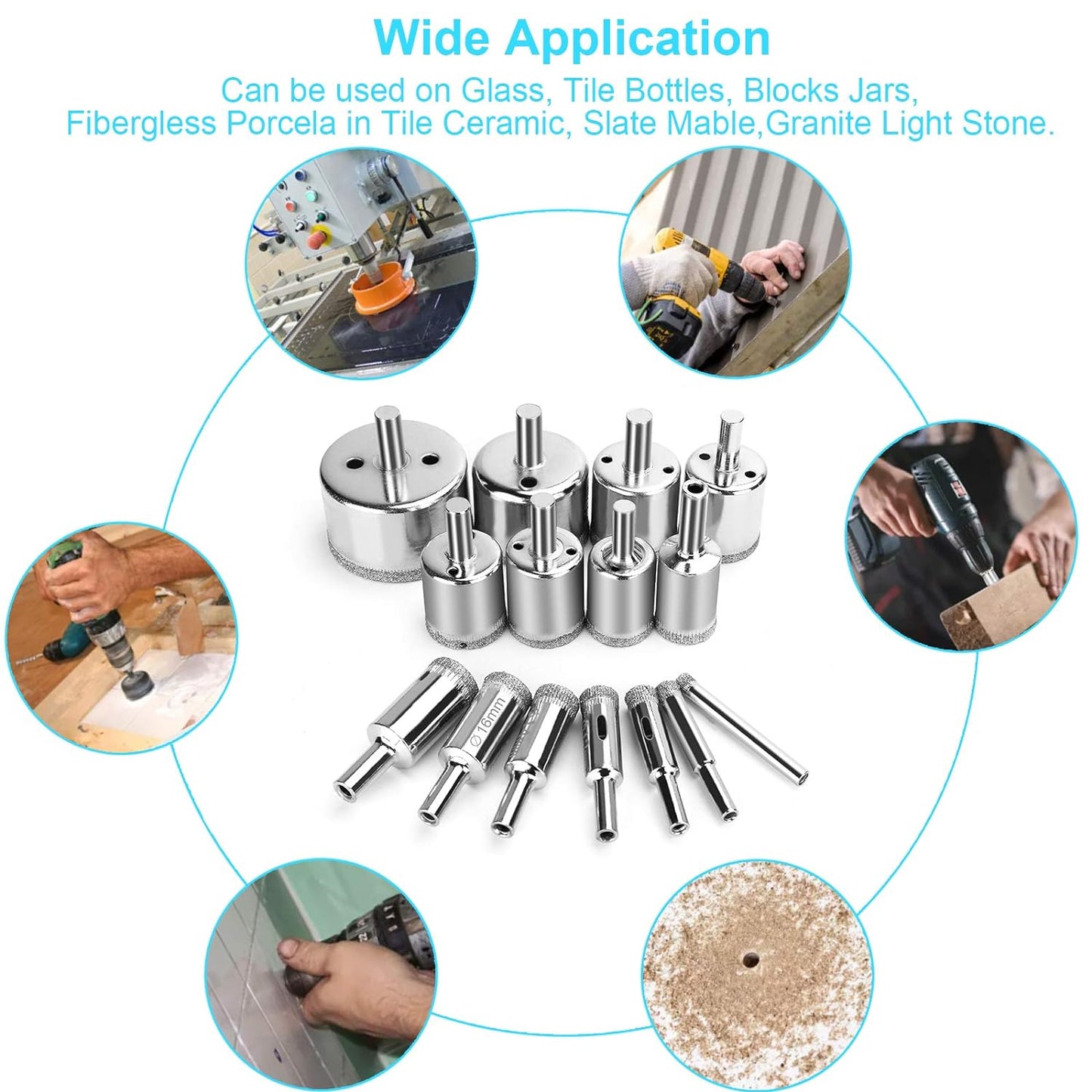 15 Pcs Diamond Drill Bits for Ceramic, Diamond Hole Saw Drill Bit Set Kit, Premium Glass Drill Bit for Bottles,Pots, Marble, Granite Stone, Tile Cutting 0.23 Inch - 2 Inch(6Mm - 50Mm)
