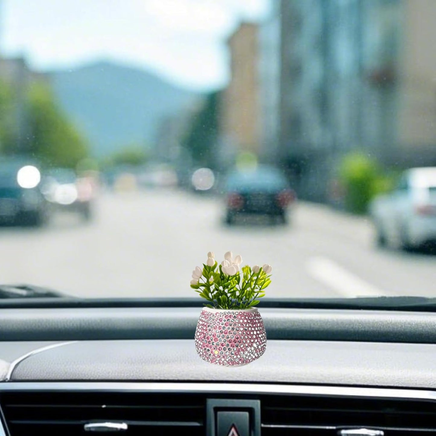 Flower Car Accessories Pink Bling Dashboard Decorations, Car Flower Vase Decals, Cute Car Interior Decor, Bling Desk Flowers for Women Office Girl Gifts