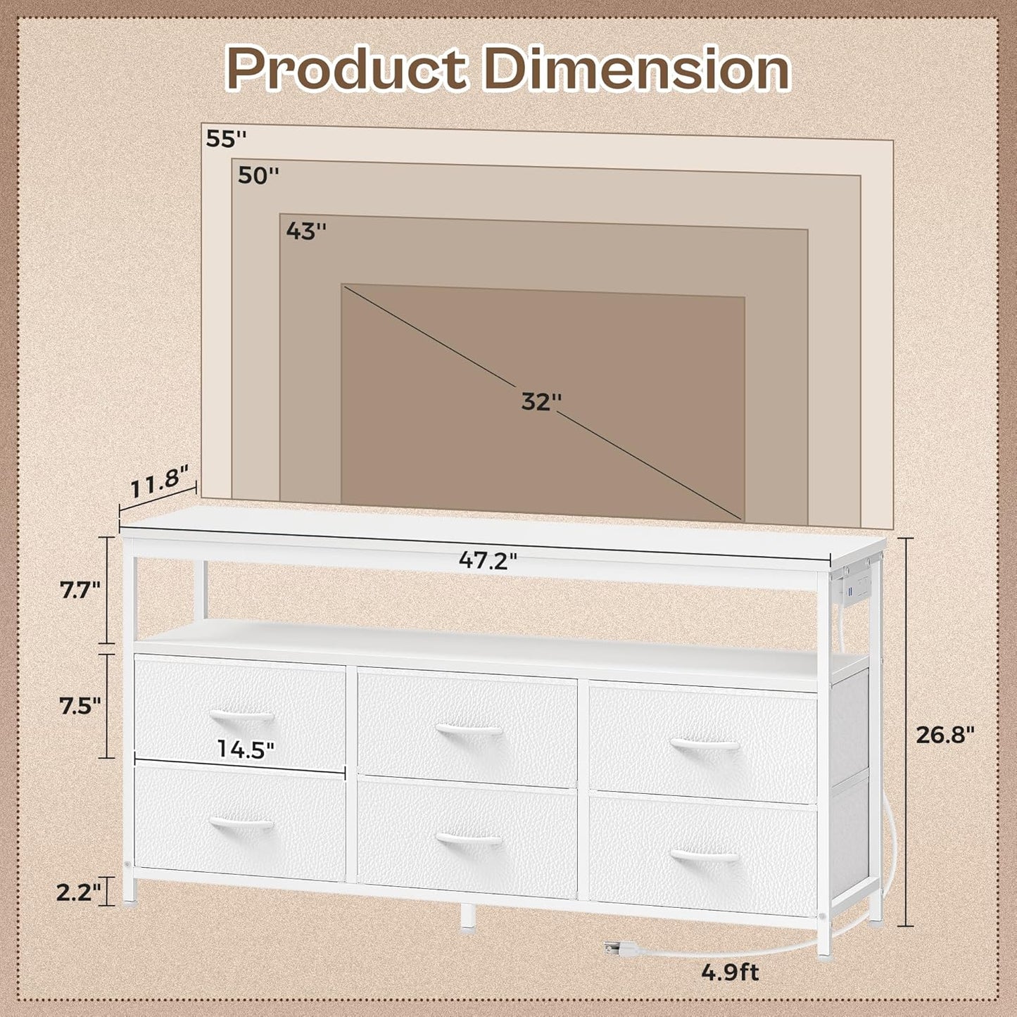 Modern LED TV Stand for Bedroom - 47 Inch Dresser with Storage for 43, 50, and 55 Inch TVs, White Entertainment Center with Power Outlets and 6 Drawer Fabric Dresser for Living Room
