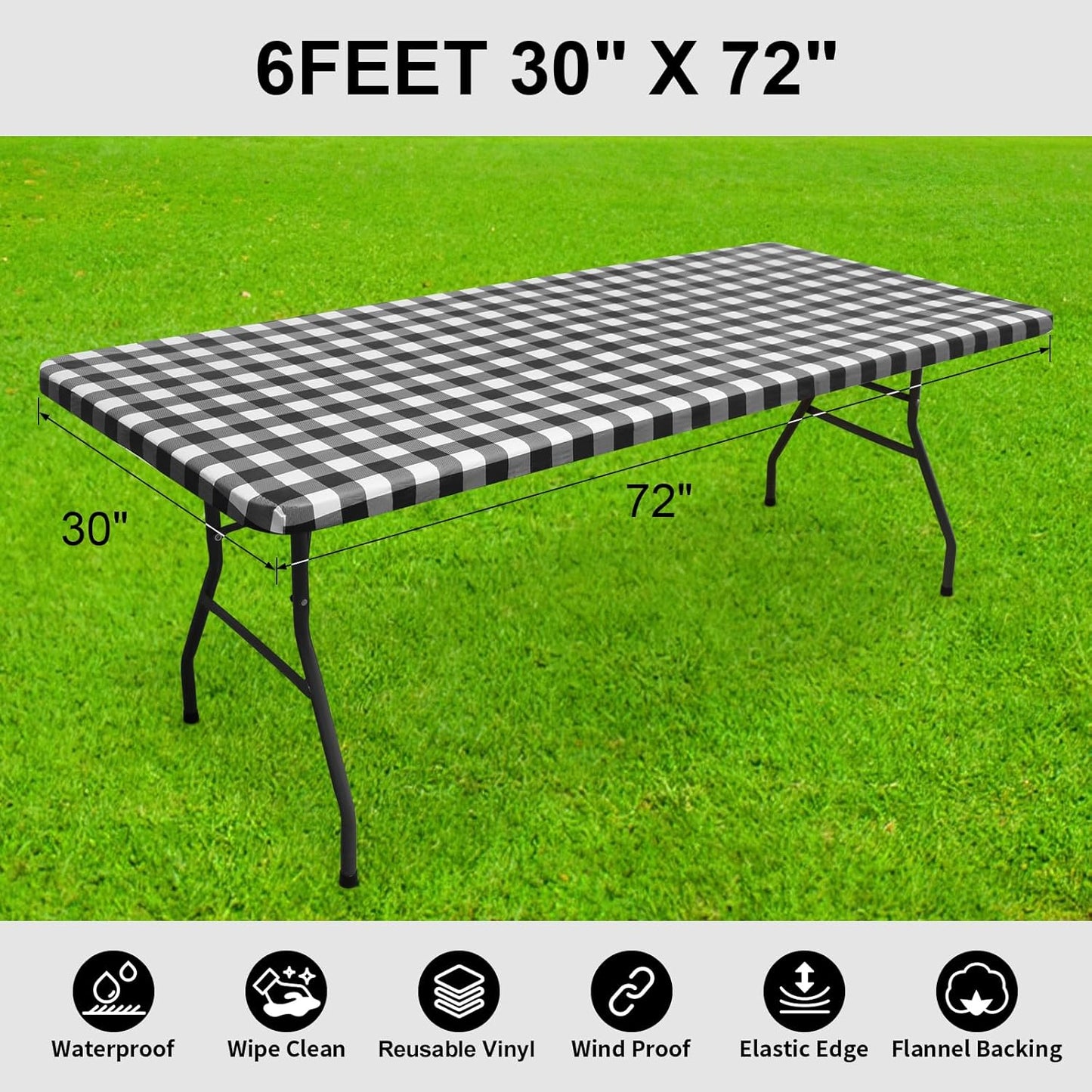 Rectangular Waterproof Fitted Vinyl Picnic Tablecloth, Flannel-Backed Buffalo Plaid Cover for Dining and Outdoor Use (Black and White, 30" x 72")