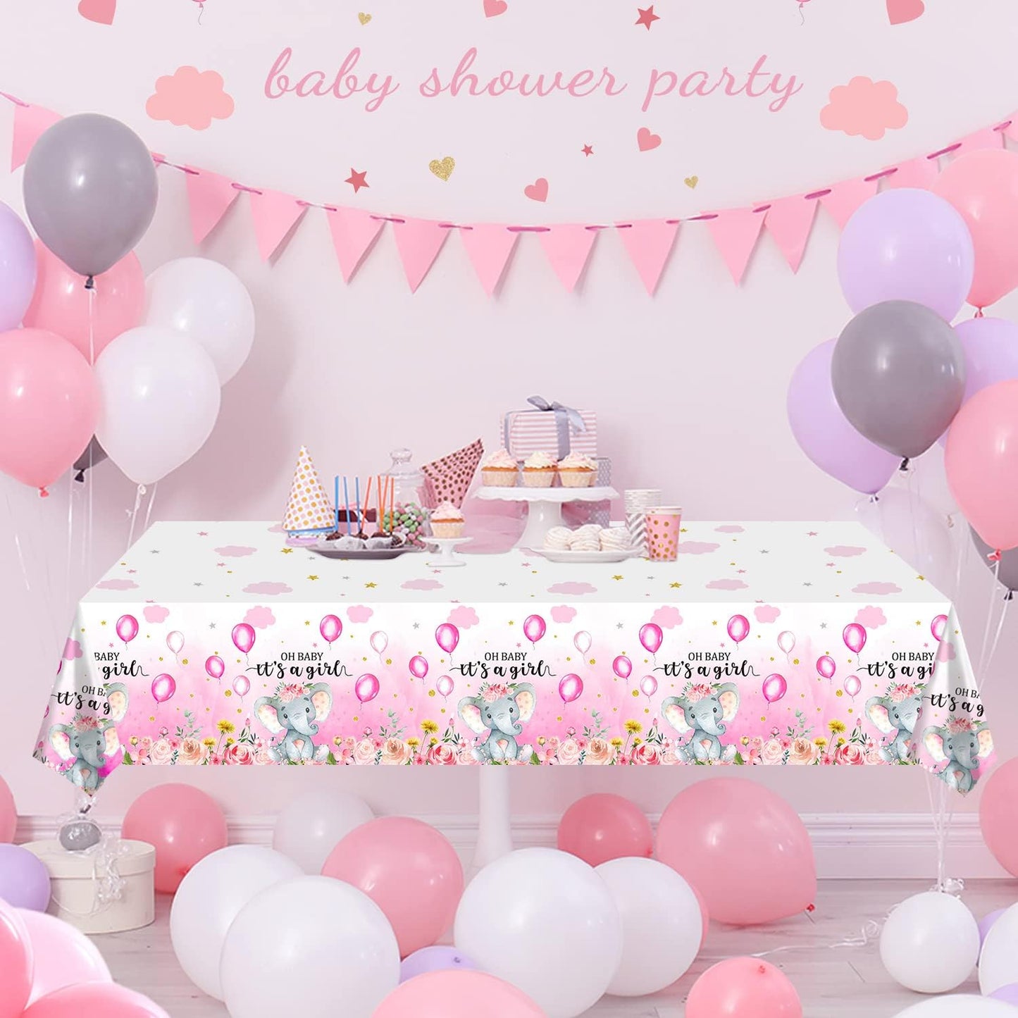 3 Pack Elephant Baby Shower Decorations - Plastic Tablecloth Table Cover Backdrop for Boy Girl Gender Party Supplies, 54 X 108 Inch, Pink