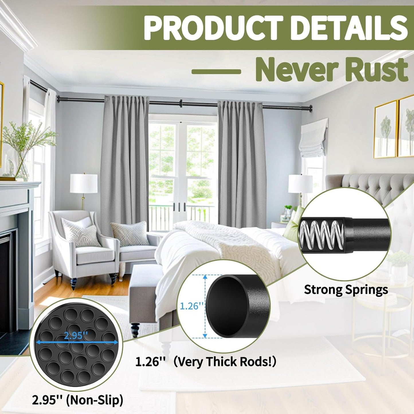 Tension Curtain Rod 51-165In(4.25-13.75Ft), Extra Long Outdoor Curtain Rod No Drilling for Window or Bathroom Patio, Adjustable Spring Shower Rod, Easy to Install Never Rust, Rod Diameter 1.26In-Black
