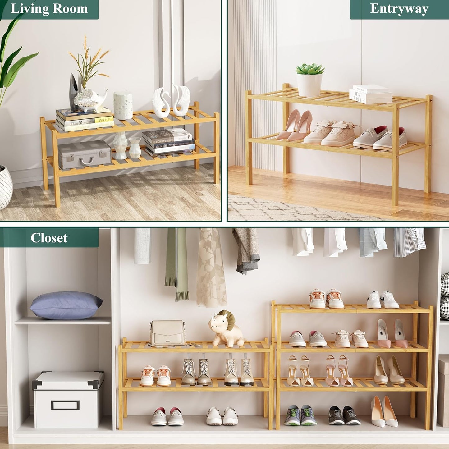Shoe Rack, 2 Tier Bamboo Shoe Organizer, Stackable Free Standing Wooden Shoe Storage Shelf for Closet, Entryway, Front Door Entrance, Natural