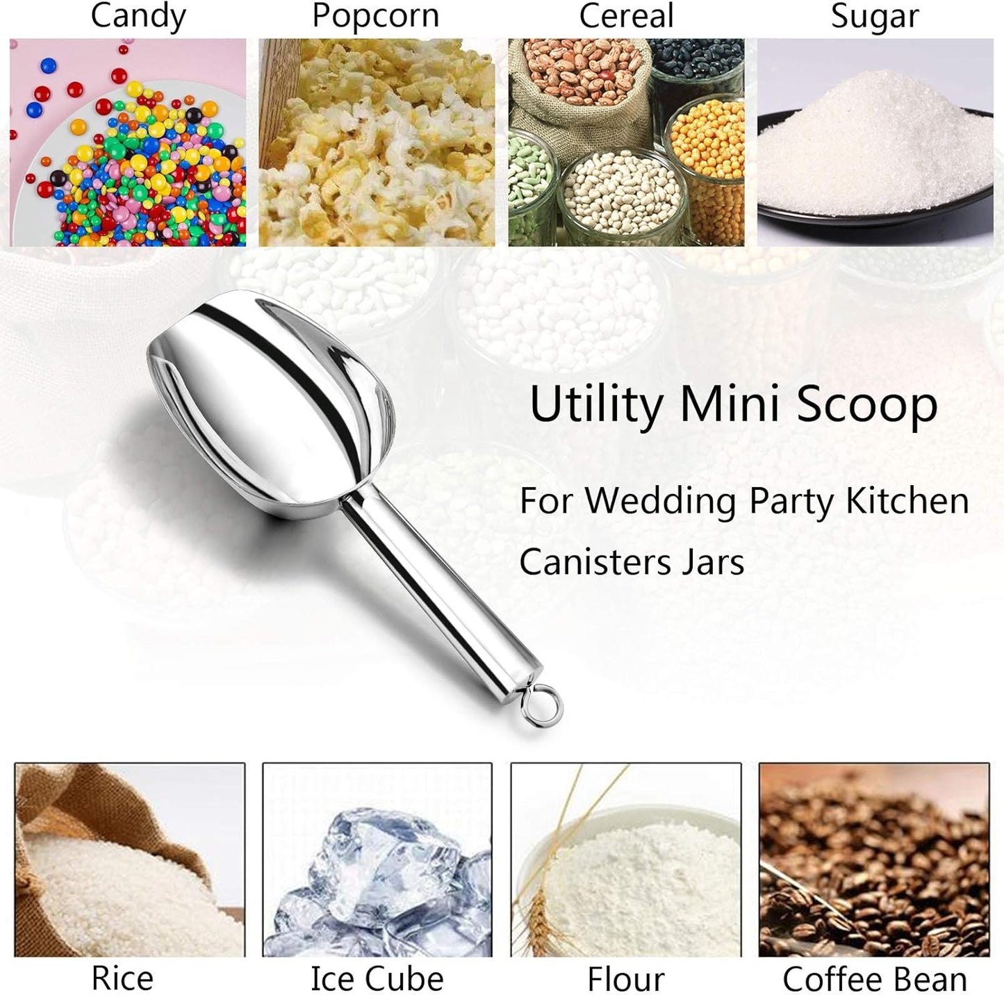 Mini Canister Scoop Set of 4, Stainless Steel Small Candy Ice Scoop for Home Bar Buffet Wedding, Mirror Finish & Elegant Shape, Easy Clean & Dishwasher Safe - Silver, 3 Ounce