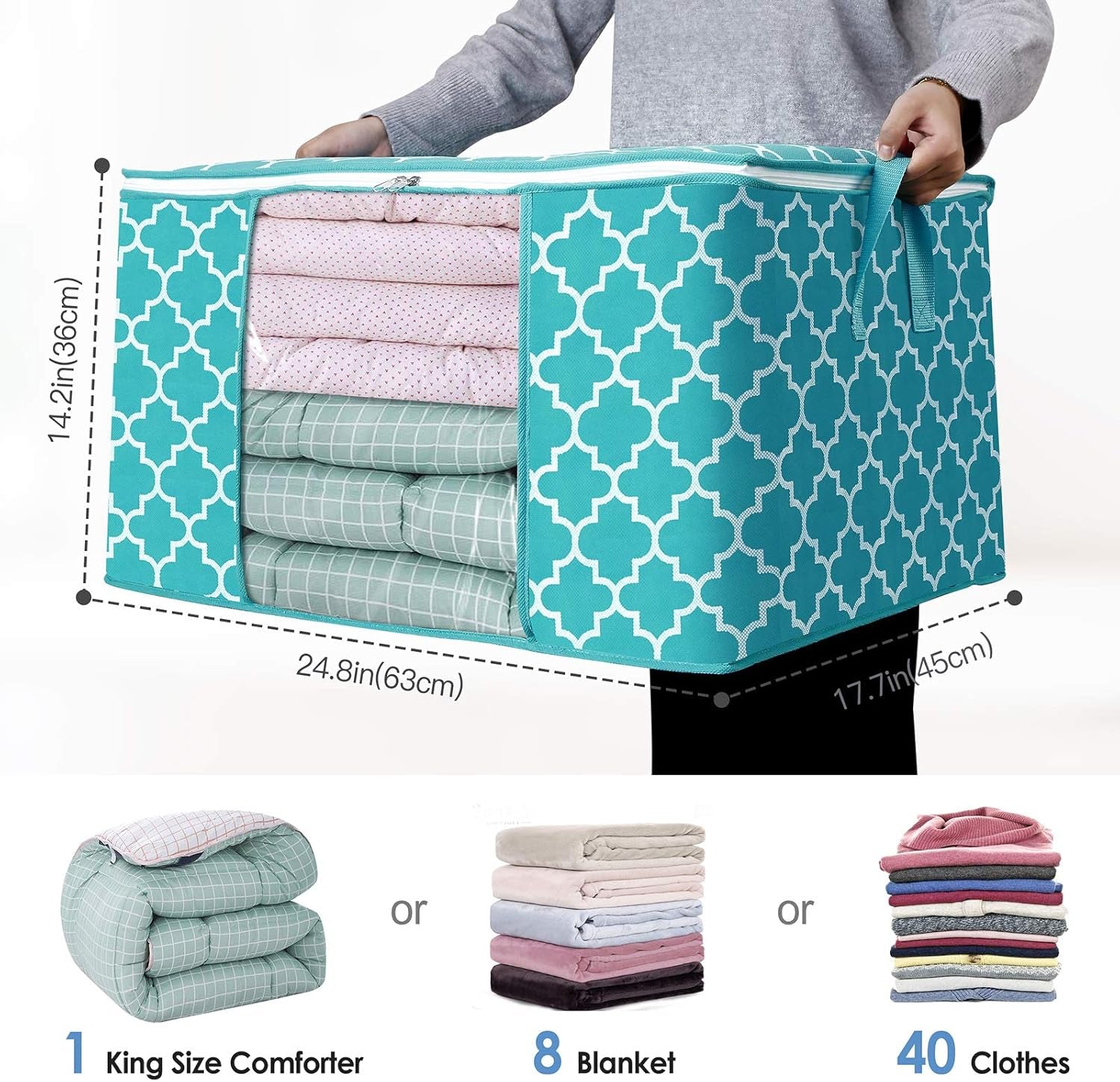 Storage Bags 100L 2-Pack Large Blanket Clothes Organization and Storage Containers for Bedding, Comforters, Foldable Organizer with Reinforced Handle, Clear Window, Sturdy Zippers,Green