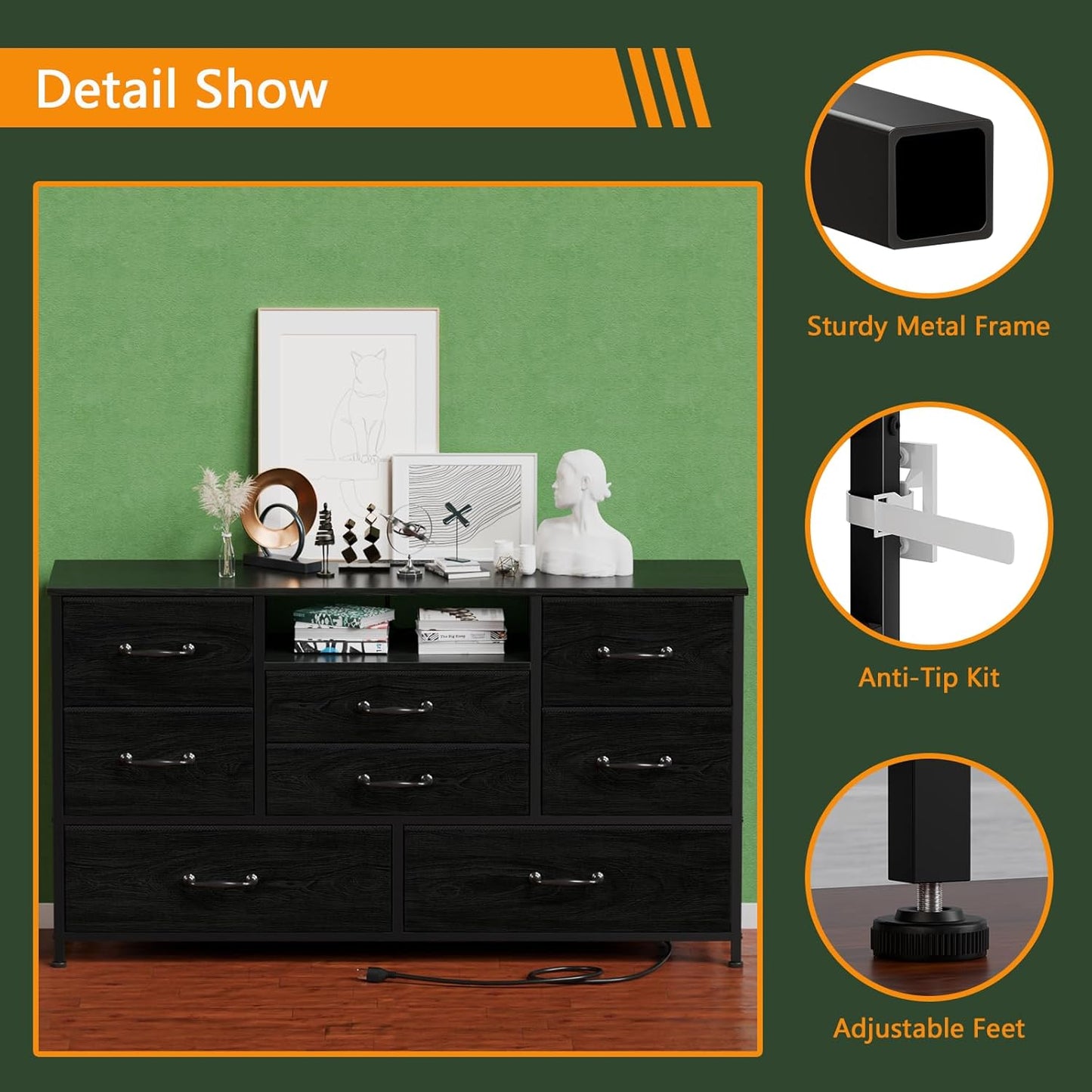 Dresser TV Stand with Power Outlet for 55-Inch TVs, Entertainment Center Featuring 8 Deep Drawers, Ideal Storage Solution for Bedroom, Closet, Living Room, and Hallway (Black Oak)