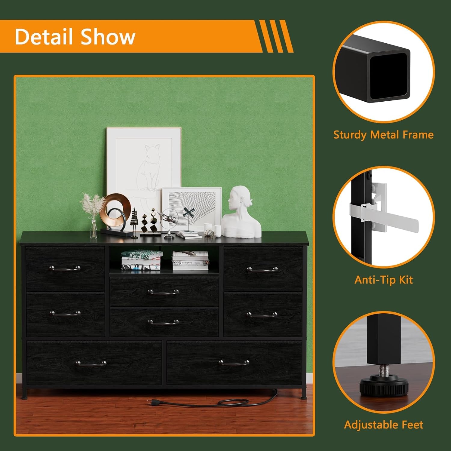 Dresser TV Stand with Power Outlet for 55-Inch TVs, Entertainment Center Featuring 8 Deep Drawers, Ideal Storage Solution for Bedroom, Closet, Living Room, and Hallway (Black Oak)