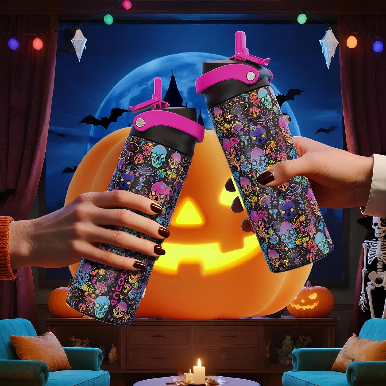 Halloween Gothic Water Bottle with Straw, Stainless Steel Insulated Water Bottle,Leak Proof, One-Touch Flip Lid, BPA Free, Holiday Gifts for Women Men, 24Oz, Trippy Skulls