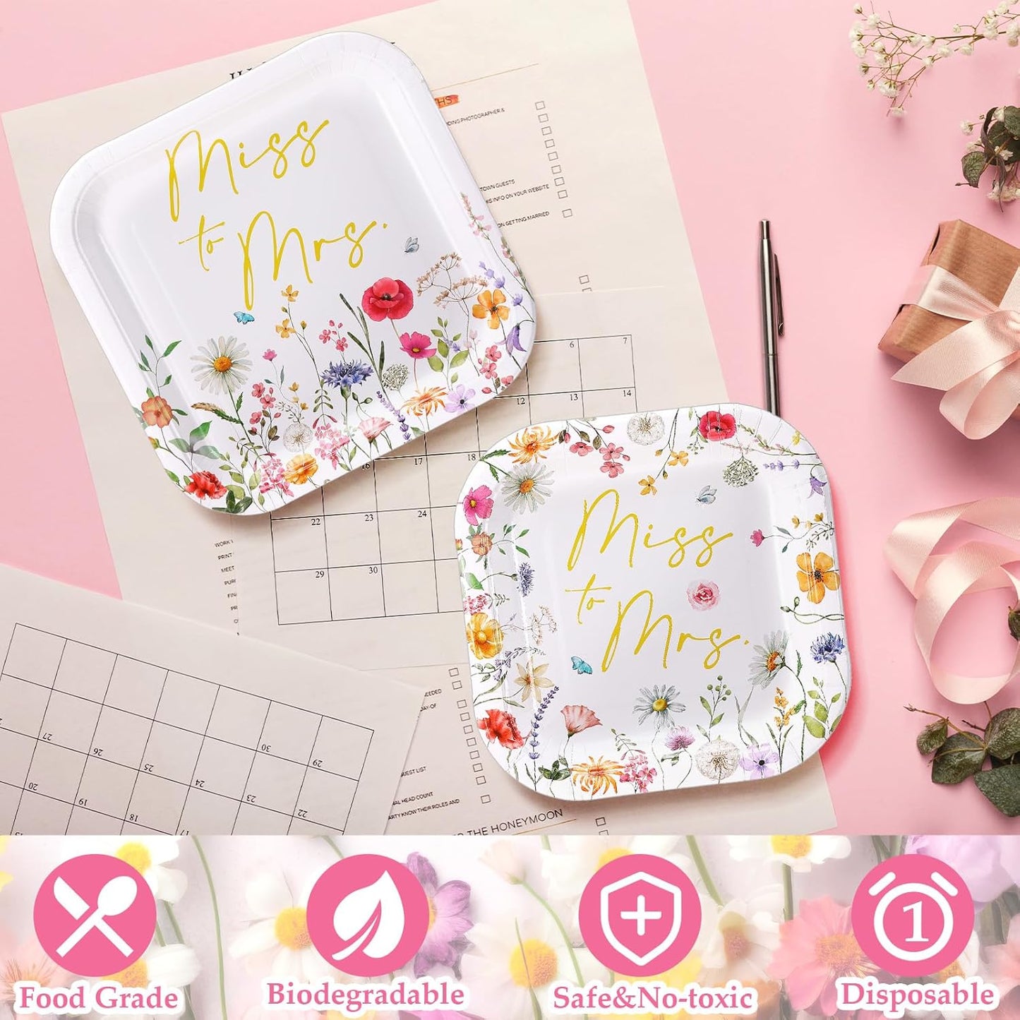 100-Count Floral Disposable Paper Plate Set - 9-Inch Dinner Plates and 7-Inch Square Dessert Plates for Weddings, Birthdays, and Baby Showers (Pink and Gold, Miss to Mrs Theme)