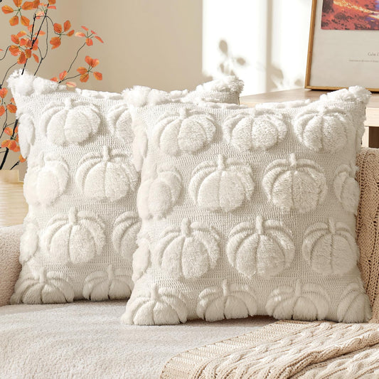 Fall Throw Pillow Covers 18X18 Set of 2 Autumn Decorations Beige Pumpkin Accent Pillowcase for Sofa Couch Porch Bed Living Room Soft Plush Faux Fur Halloween Farmhouse Home Decor