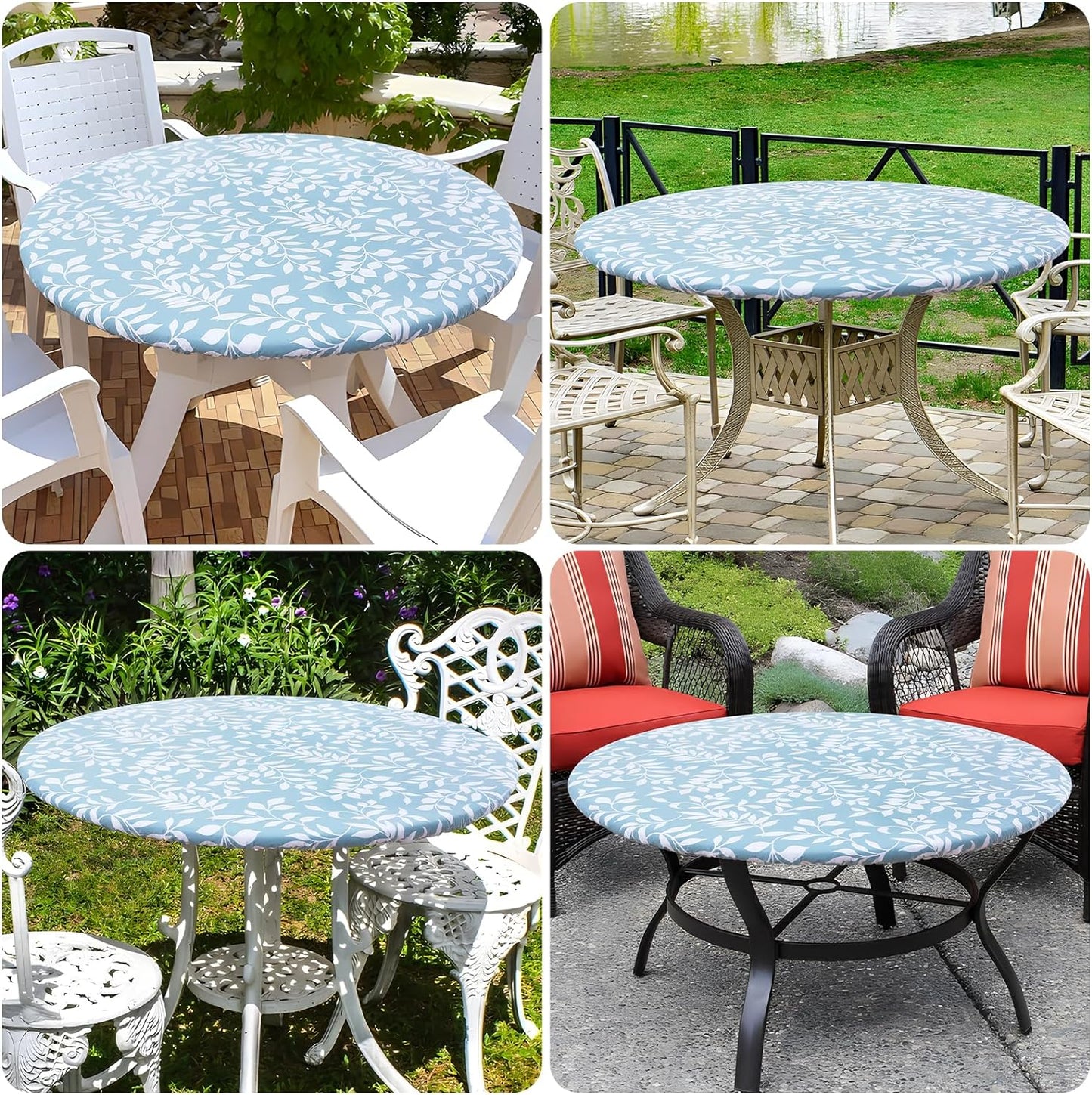 round Fitted Tablecloth with Elastic Edge, 100% Waterproof Oil Proof Plastic Table Cover, Vinyl Flannel Backed Tablecloth Fits 36"-44" round Tables for Dinner, Outdoor, Picnic, Blue Leaves