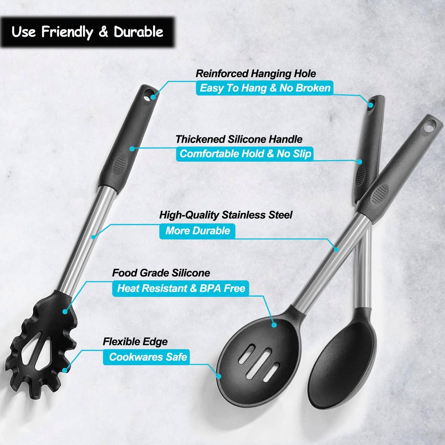 Silicone Spatula and Cooking Spoon,5 Pack Non-Stick Cooking Utensils for Kitchen,Heat Resistant Solid & Slotted Spoons and Spatulas, Stainless Steel Handle Coated with Silicone,Black