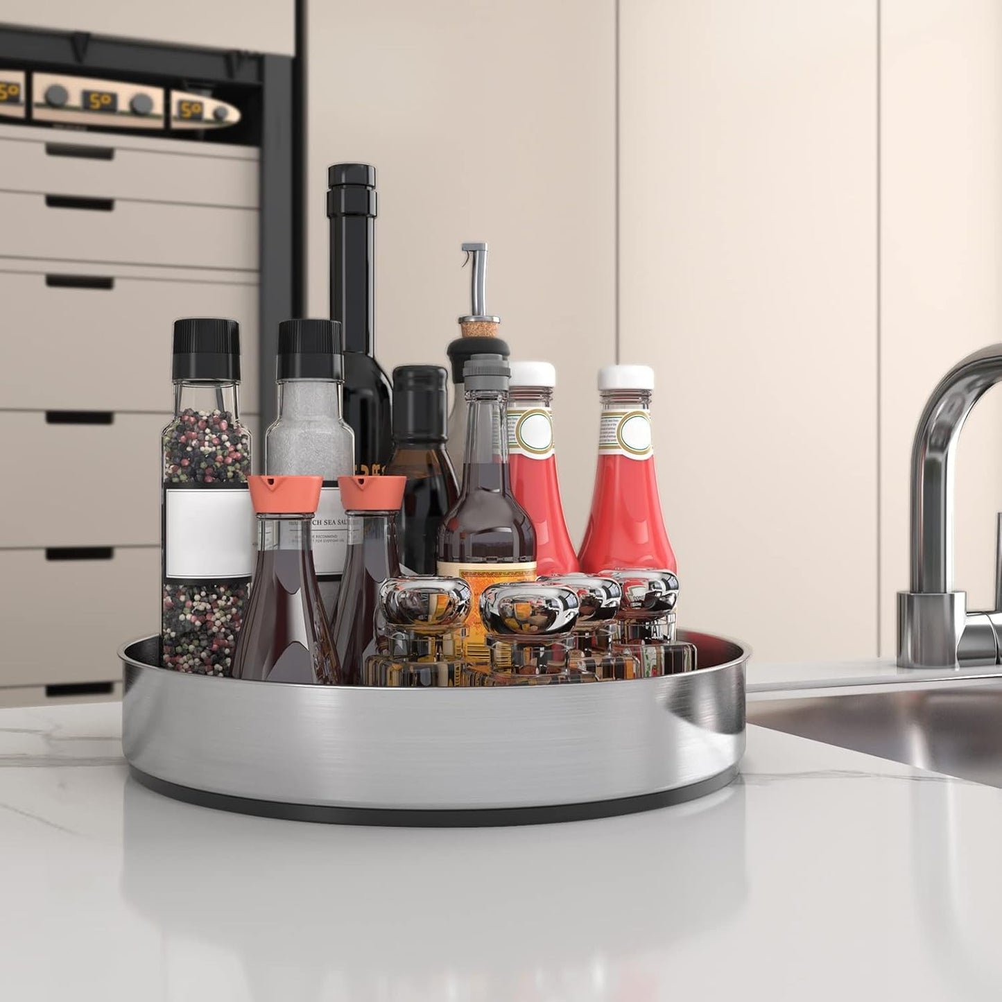 Lazy Susan Turntable Spice Rack Organizer for Kitchen Cabinet, Storage Tray for Fruit, Snacks, Salad - Organizer for Cupboard, Pantry, Bathroom, Table, Cosmetic (Silver, 7 1/2‘’)