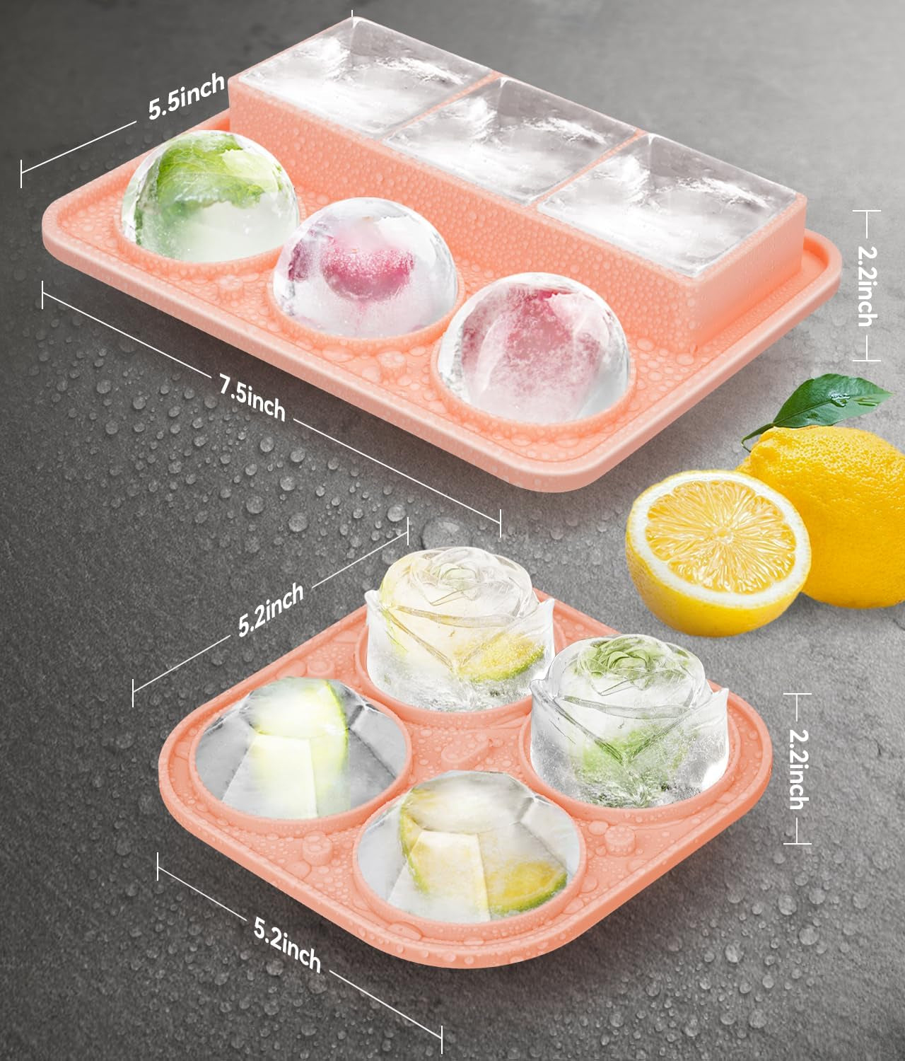 Ice Cube Tray with Lid, Silicone Ice Molds with Round, Square, Diamond, Rose, Large Ice Cube Mold for Whiskey, Bourbon, Cocktails, Easy Release BPA Free, Set of 2