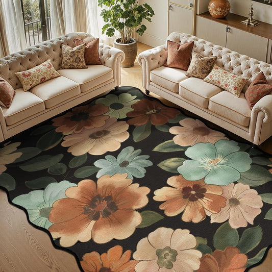 Area Rug for Living Bedroom, Floral 8X10 Rug Vintage Boho Style Machine Washable Carpet, for Girls and Kids Nursery Indoor Decor-Black/Multi