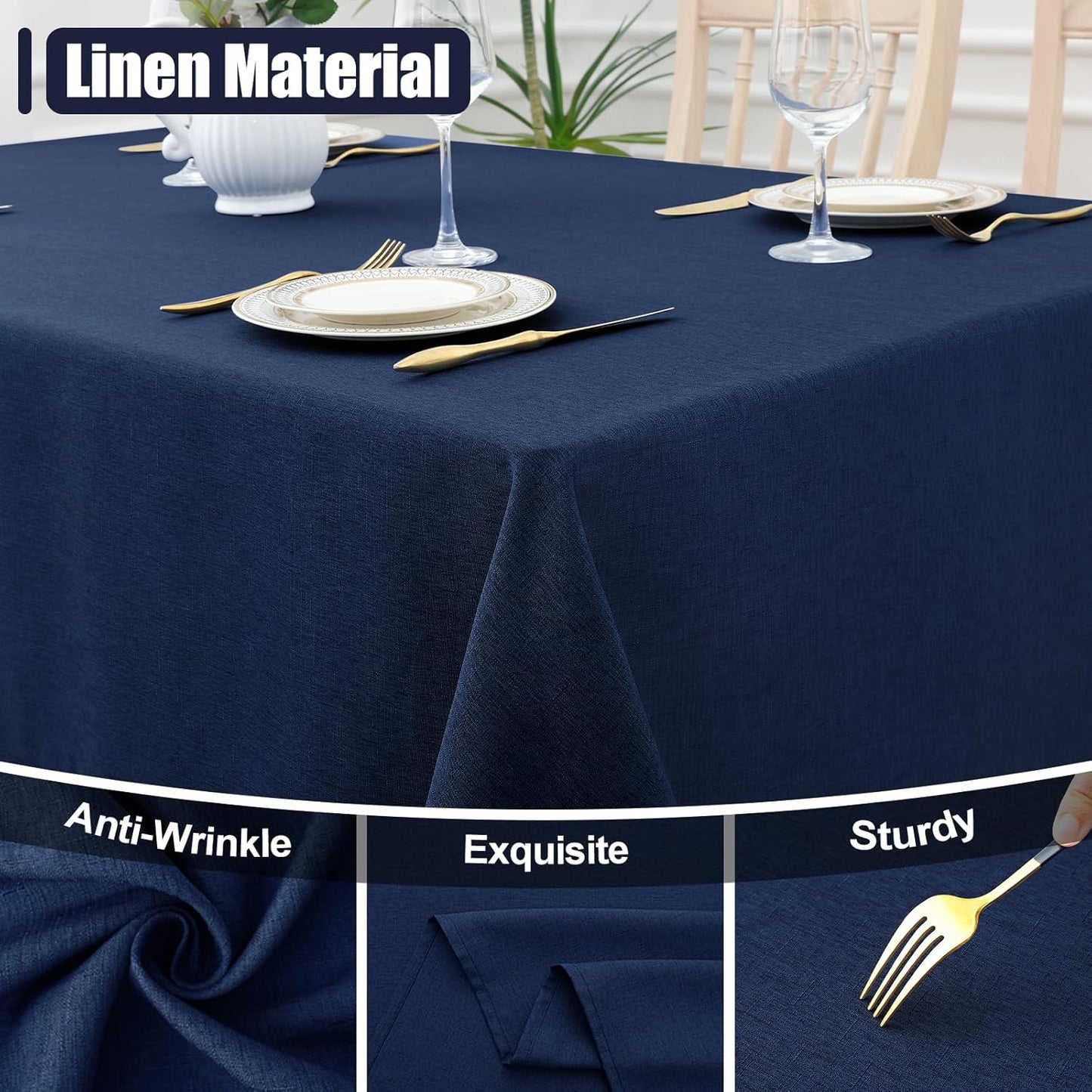 Rectangle Table Cloth Linen Textured, Waterproof Spillproof Anti-Wrinkle Burlap Tablecloth, Washable Decorative Fabric Table Cover for Dining, Party, Banquet, 52 X 70 Inch, Navy
