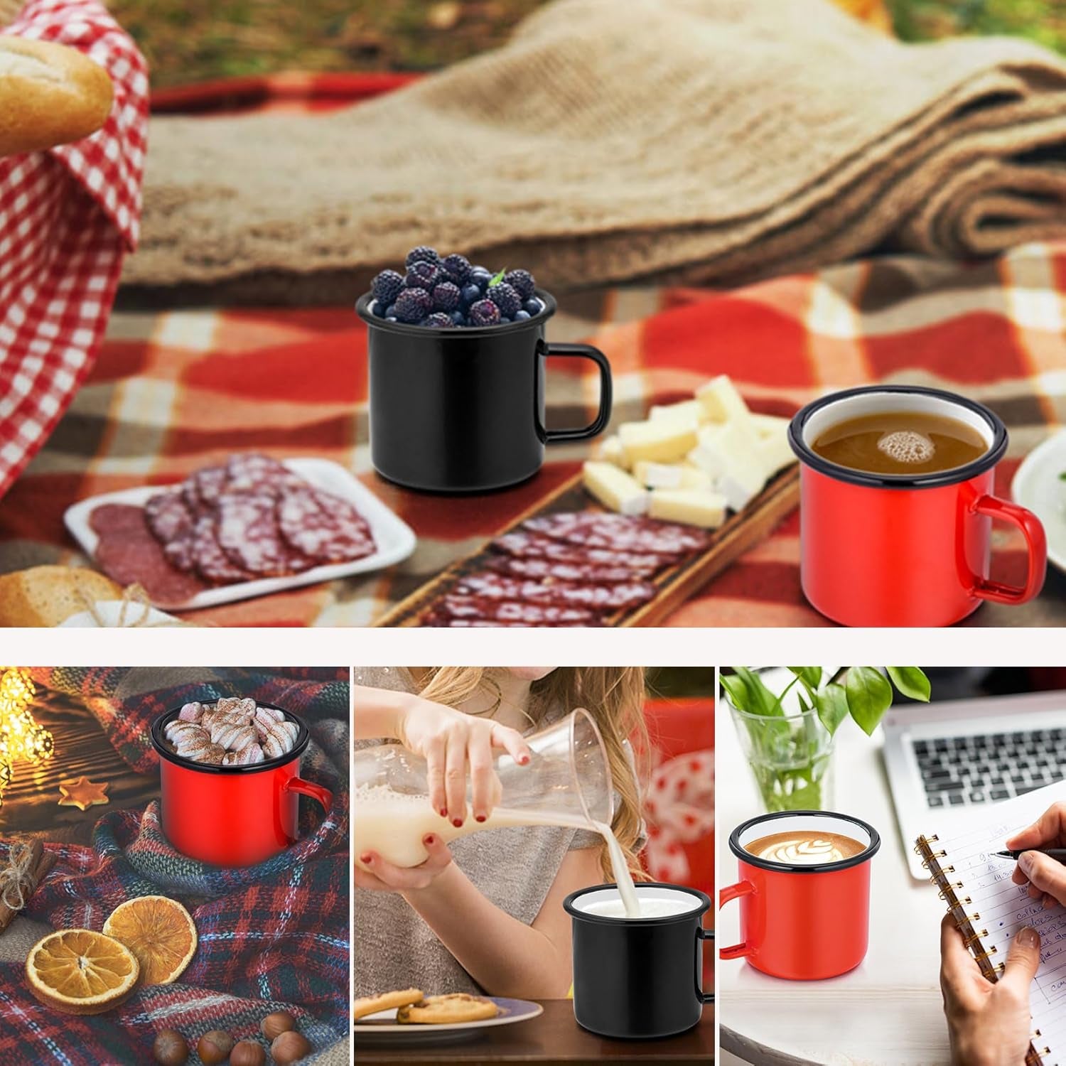 Enamel Coffee Mugs Cups Set of 2,12 Oz Small Enamel Camping Cup for Coffee Water Soup, Indoor and Outdoor Use, Portable & Sturdy, Black & Red