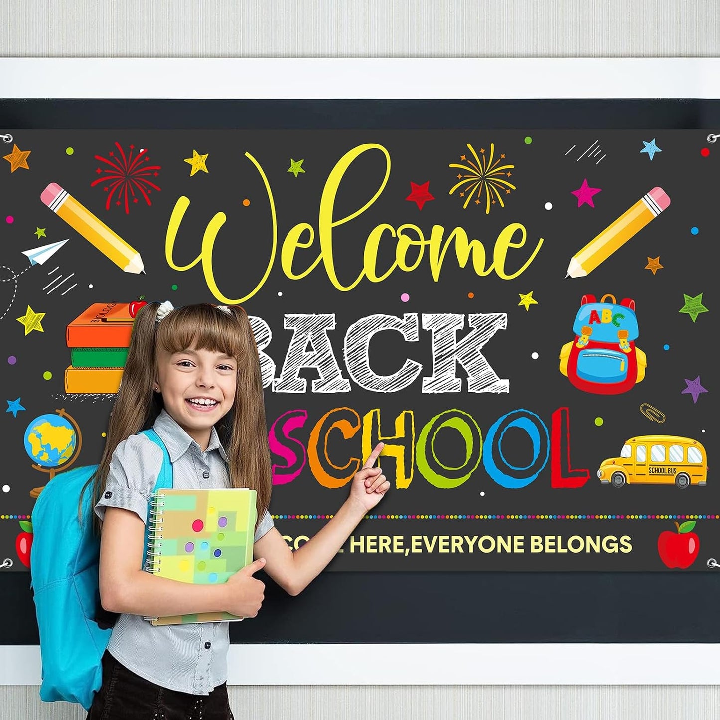 Welcome Back to School Backdrops, Welcome Back Bulletin Board Back to School Banner Sign Hanging Polyester Photography Background for First Day of School Classroom and Office Decorations,73X44 Inch