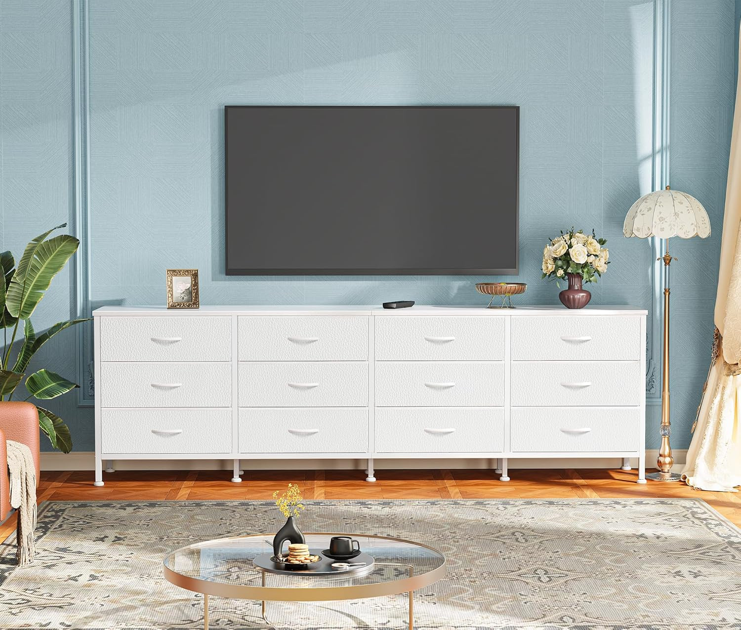 70-Inch Bedroom Dresser and TV Stand for 65-80 Inch TVs, Featuring 12 Fabric Drawers and Ample Storage, Ideal for Living Room, White Finish