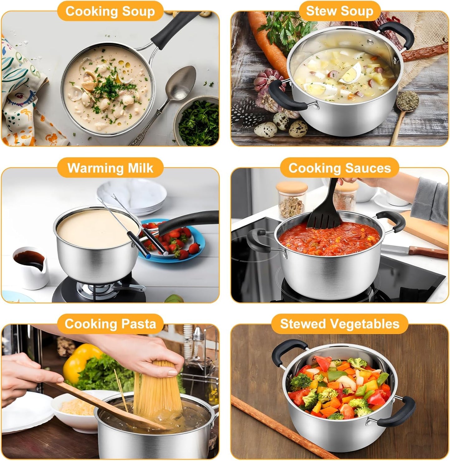Saucepan and Stockpot Set, Stainless Steel Cooking Stock Pot with Lid, Good Cookware for Kitchen Cooking Boiling, Visible Lid & Heat-Proof Handle, Dishwasher Safe, 2QT & 4QT