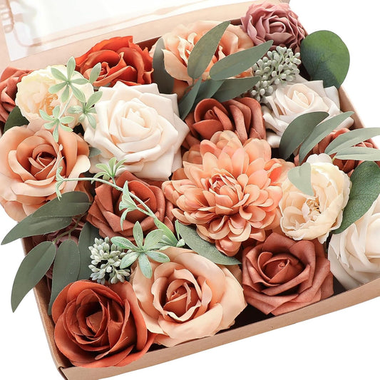 Terracotta Artificial Floral Arrangement Set with Burnt Orange Roses, Peonies, and Dahlias for DIY Wedding Bouquets, Bridal Showers, Centerpieces, and Home Decor