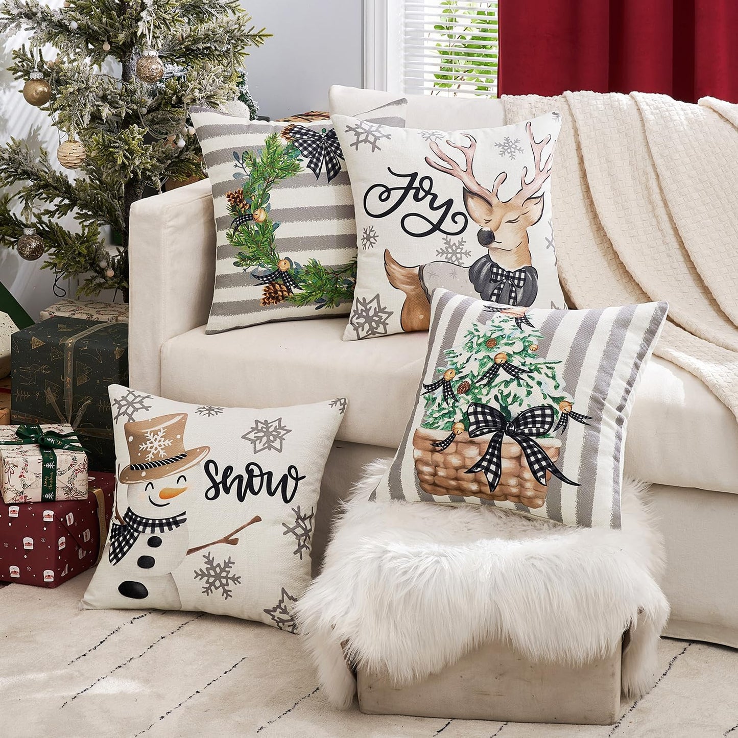 Set of 4 Holiday Grey Decorative Pillow Covers 18X18 Inch Snowman Elk Merry Christmas Throw Pillow Cases Winter Seasonal Cushion Cases Home Decors for Sofa Couch Bedroom
