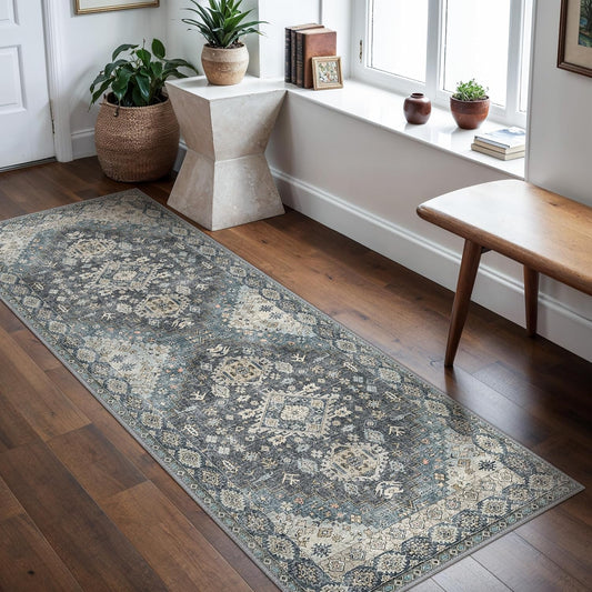 Washable Runner Rugs 2X5 for Hallway, Thin Indoor Chenille Low Pile Rug Non Slip, Vintage Boho Lightweight Carpet for Laundry Room Dining Room Kitchen Entryway Floor, Slate Gray