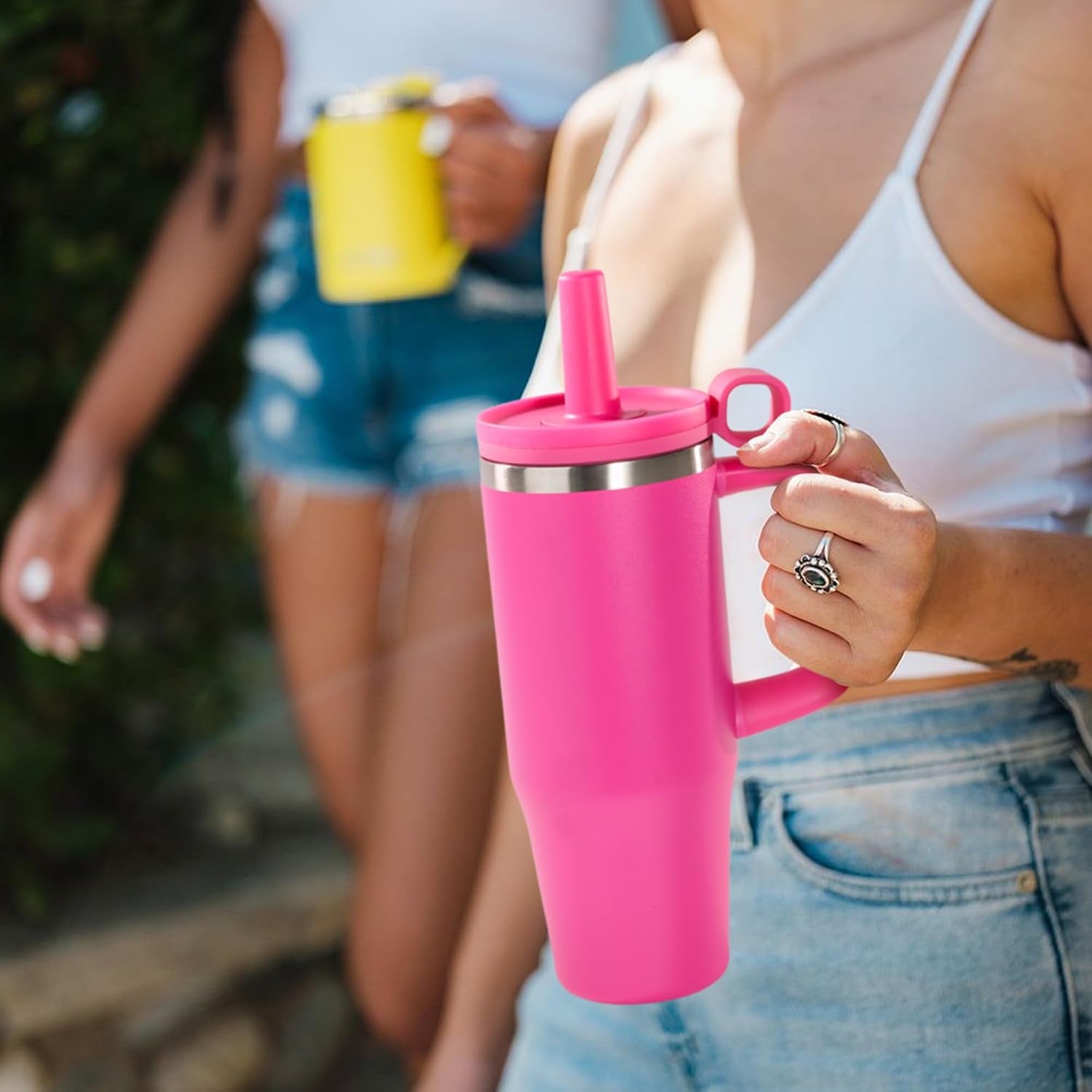 32Oz Water Bottle with Straw, Tumbler with Handle & Lid, Insulated Water Bottle with Straw Cover Cap, Travel Coffee Mug for Hot/Iced Water, Tea or Coffee, Bpa-Free, Cupholder Friendly, Passion Pink