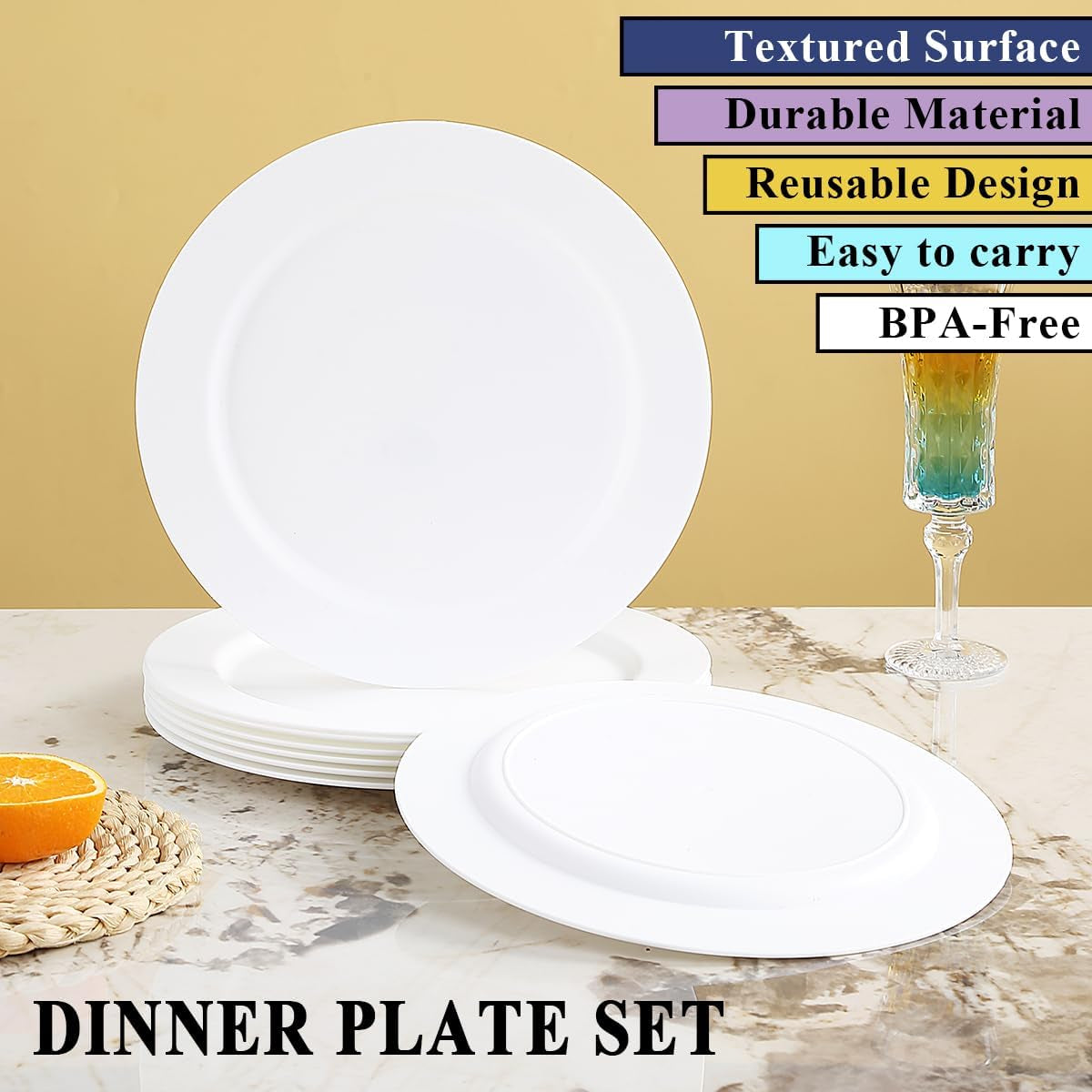 Set of 8 Reusable 10-Inch White Plastic Plates - Versatile Dinner, Salad, and Pasta Dishes for Home, Garden, Picnic, Camping, and Outdoor Use