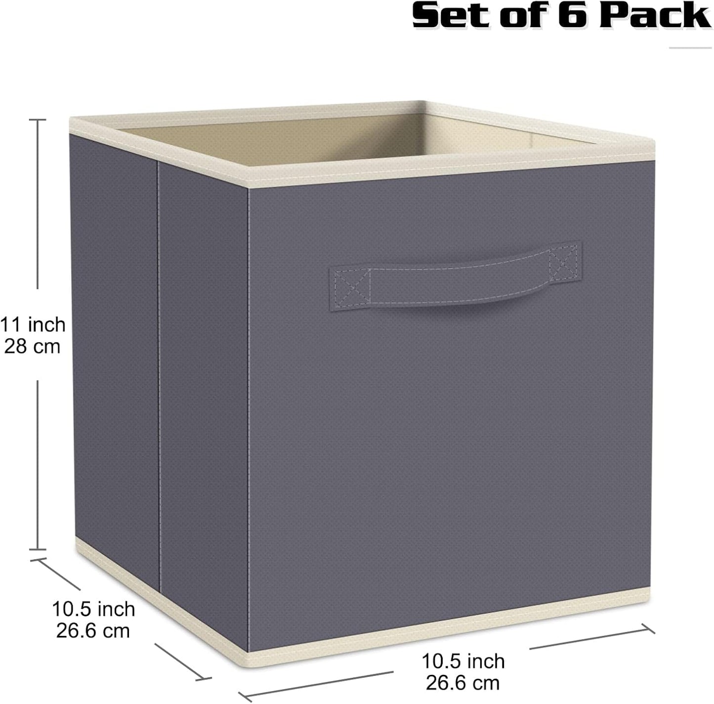Fabtotes Storage Bins 6 Pack Collapsible Storage Cubes, 11"X10.5"X10.5" Large Book Organizer Boxes with Handles and Cardboard, Baskets for Organizing Closet Shelves (Grey)