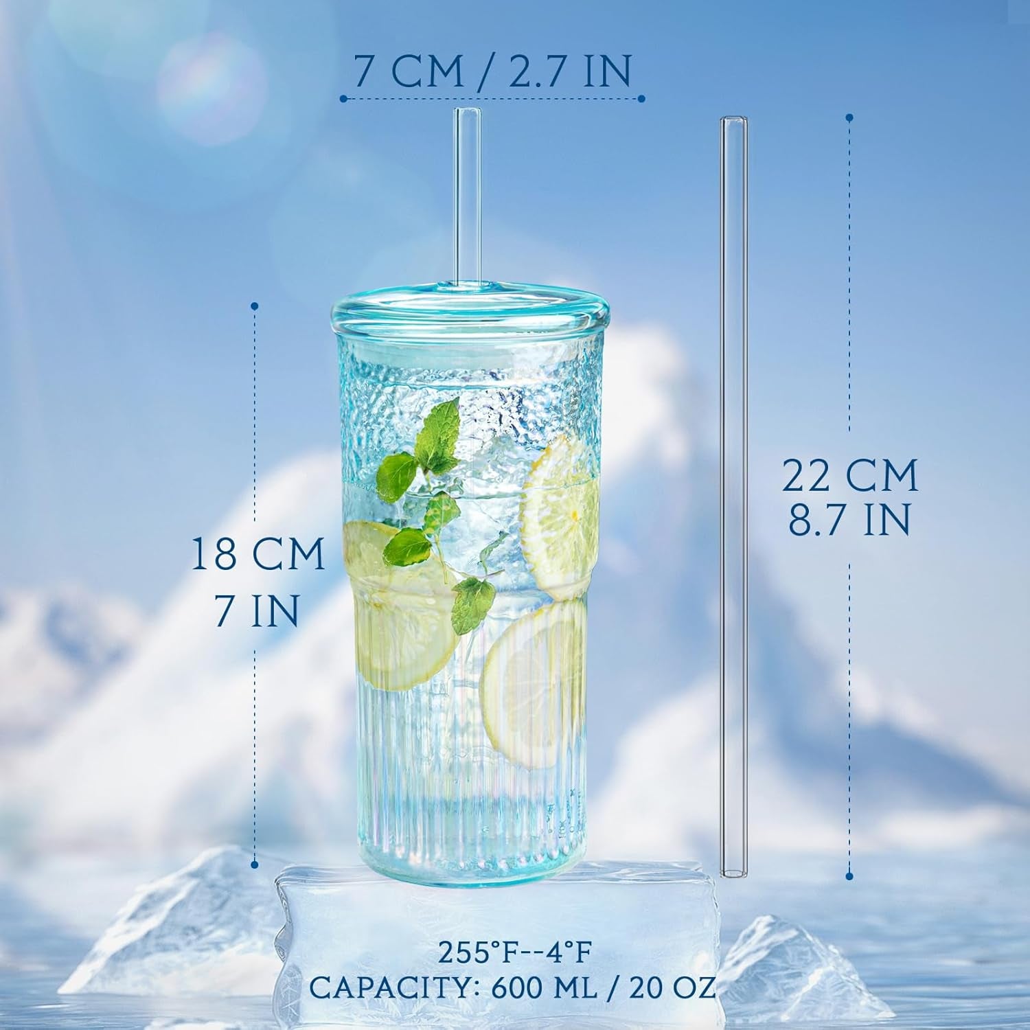 20Oz Glass Cups with Lids and Straws, 2 Pack High Borosilicate Iced Coffee Cups Drinking Glasses Tumbler for Smoothie, Water, Tea, Juice Drinks, Shimmering Blue