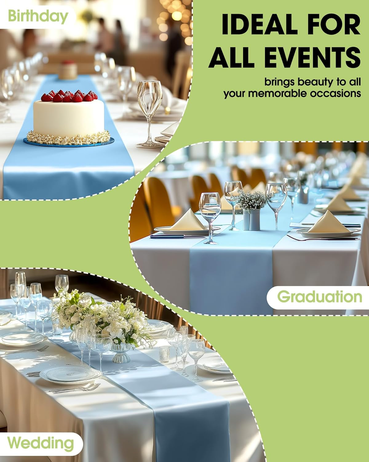 Light Blue Plastic Table Runners - 10 Pack, 14'' X 108'', Water Resistant & Disposable Centerpiece Decorations for Table Cloth, Wedding, Birthday, Holiday, Baby Shower, Party, Home Decor
