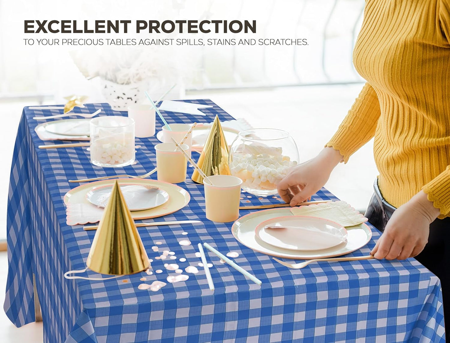 Plastic Table Cloth Disposable (12 Pack - 54X108 Inch) Blue Check Rectangle Tablecloth Waterproof Stain Resistant Party Table Cover