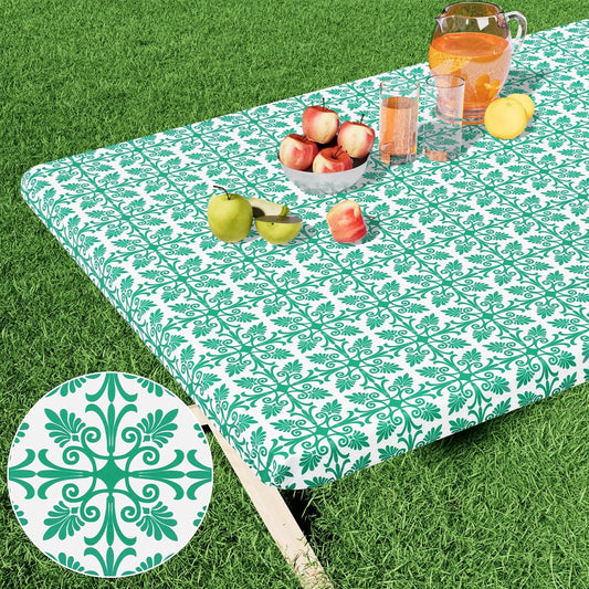 Rectangle Vinyl Table Cloth, Elastic Fitted Flannel Backed Tablecloth, 100% Waterproof Plastic Table Cover Fits 6 Foot Folding Tables for Picnic, Camping, Outdoor (Green, 30" X 72")
