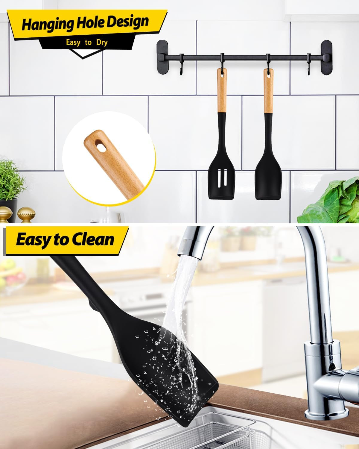 Pack of 2 Large Silicone Cooking Spoons, Heat Resistant Non Stick Kitchen Utensils with Wooden Handle, Ideal for Mixing, Stirring, Serving, Cooking(Black)