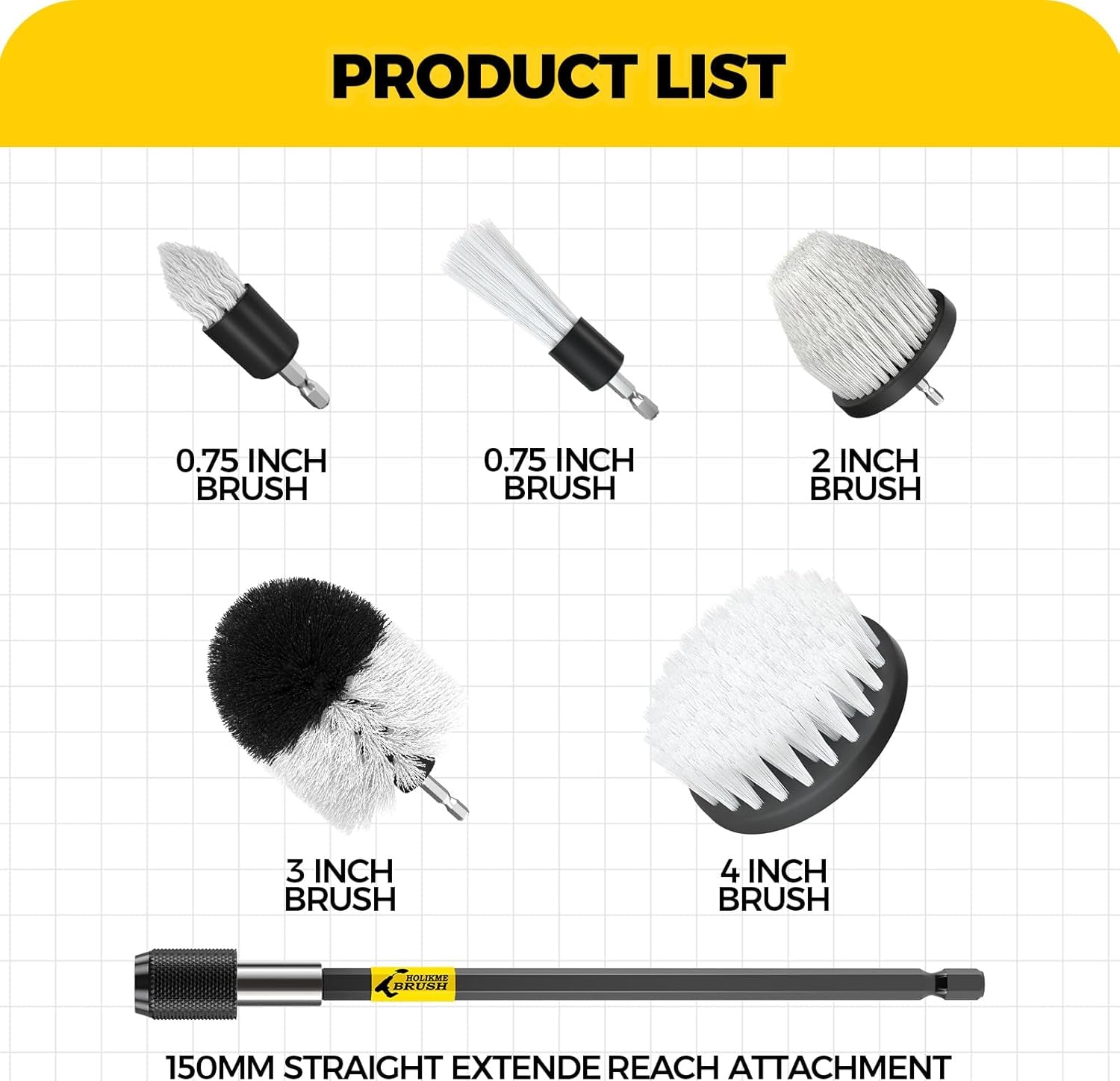 7Pack Drill Brush Attachment Set-Car Interior Detailing Kit,Power Scrubber Brush Extended Long Attachment for Bathroom, Car,Shower,Carpet,Boat,Kitchen,Floor and Tile,White