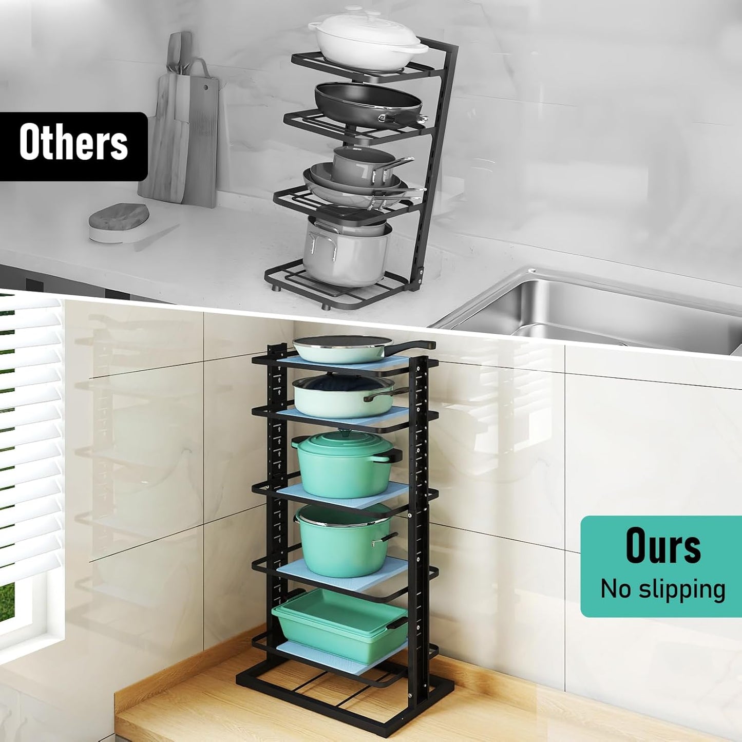 Pots and Pans Organizer for under Cabinet, 6-Tier Heavy Duty Adjustable Pan Pot Organizers inside Cabinet, Pot Rack for Kitchen Cabinet Organizers and Storage Black Holds 66 Lbs